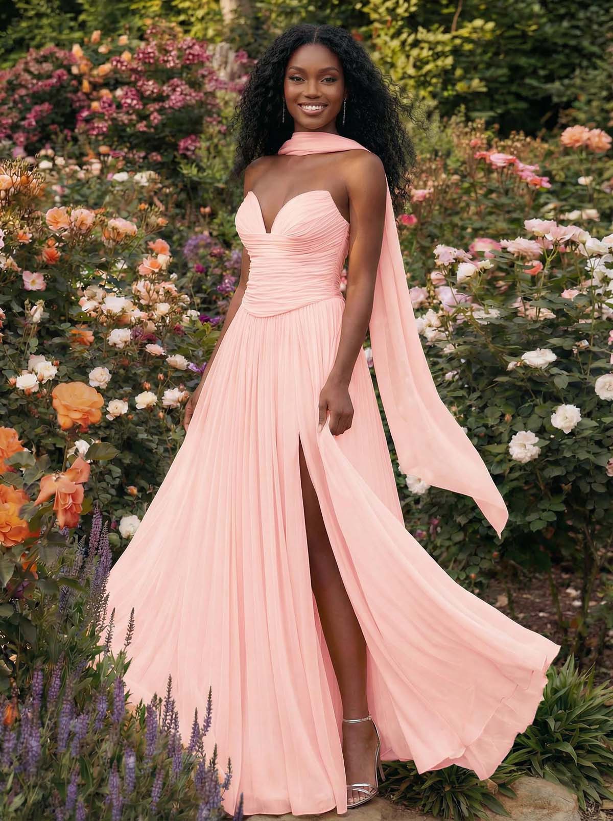 A-Line Strapless Sweep Train Chiffon Bridesmaid Dresses With Pleated/High Split, product image 28