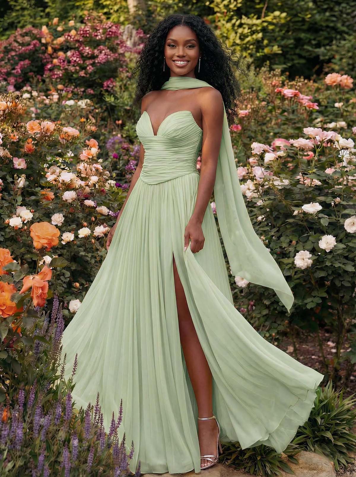 A-Line Strapless Sweep Train Chiffon Bridesmaid Dresses With Pleated/High Split, product image 47