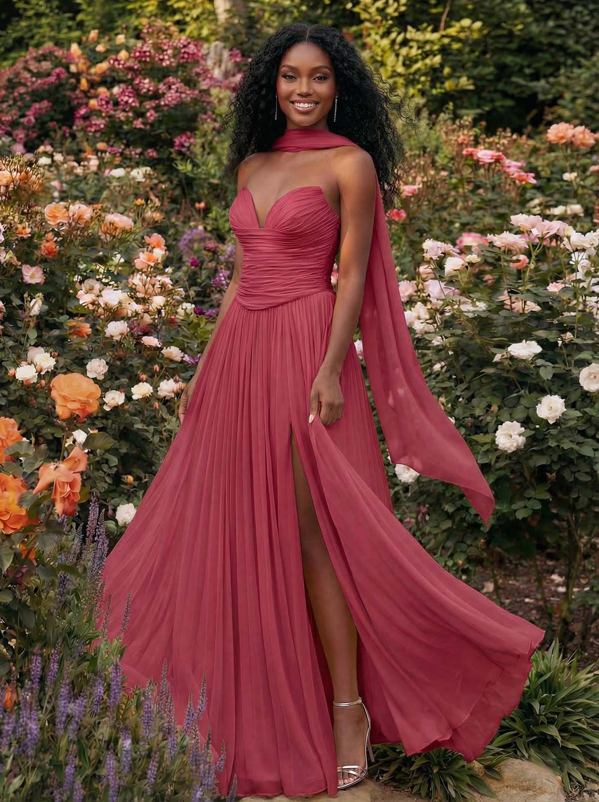 A-Line Strapless Sweep Train Chiffon Bridesmaid Dresses With Pleated/High Split, product image 18
