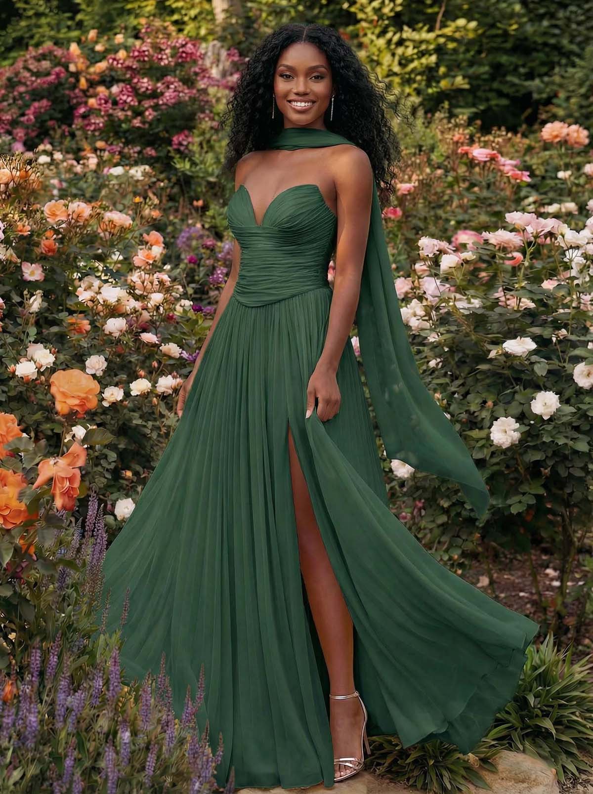 A-Line Strapless Sweep Train Chiffon Bridesmaid Dresses With Pleated/High Split, product image 44