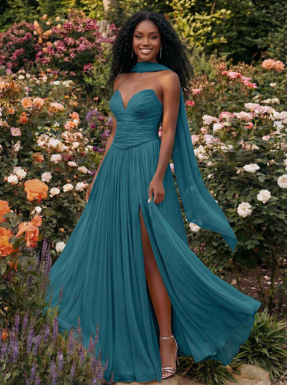 A-Line Strapless Sweep Train Chiffon Bridesmaid Dresses With Pleated/High Split, product image 9