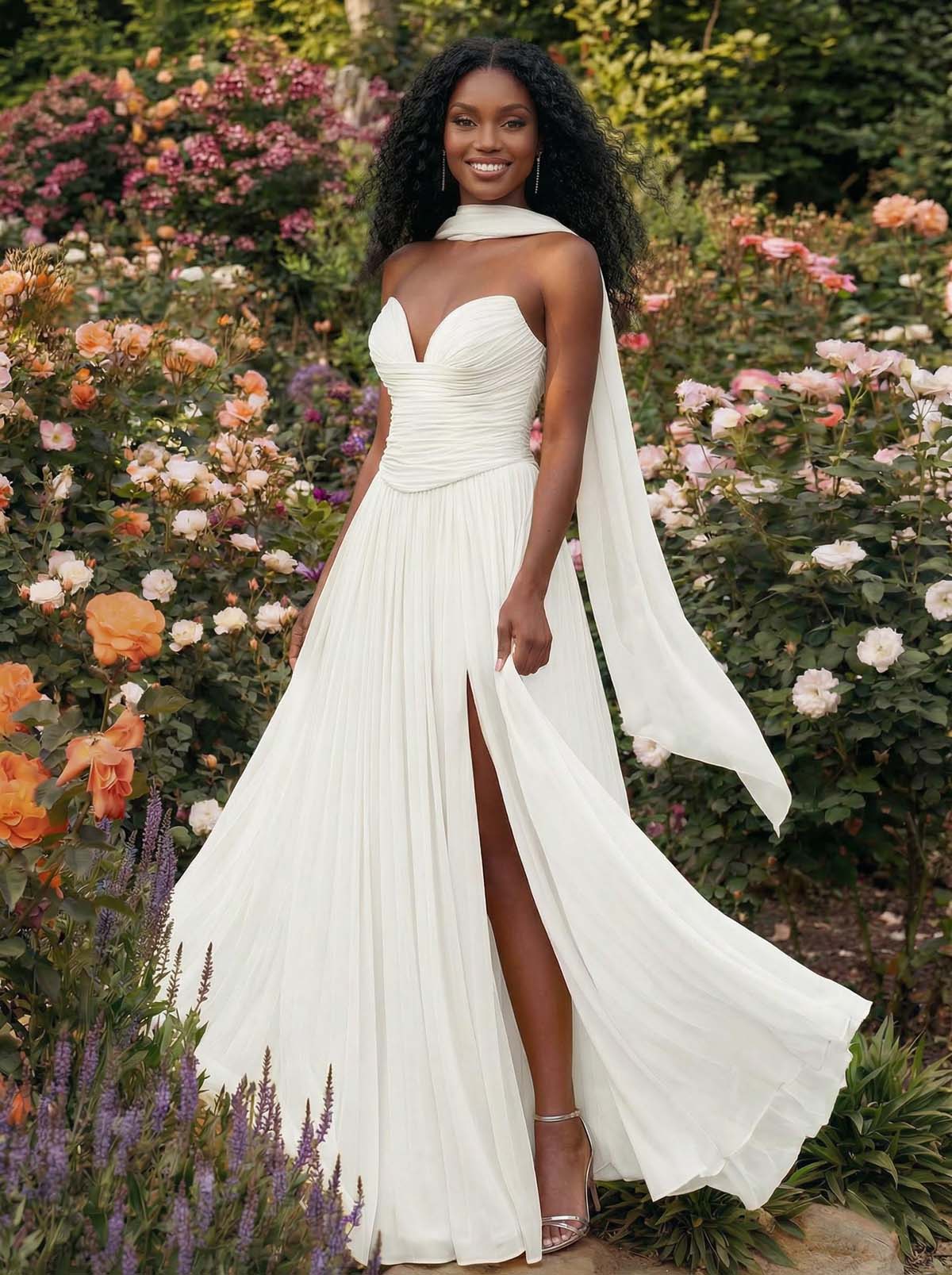 A-Line Strapless Sweep Train Chiffon Bridesmaid Dresses With Pleated/High Split, product image 57