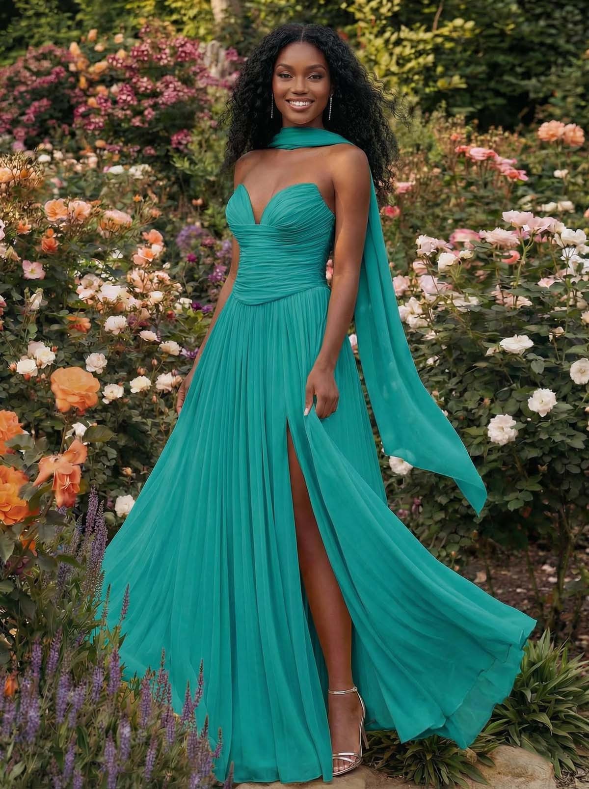 A-Line Strapless Sweep Train Chiffon Bridesmaid Dresses With Pleated/High Split, product image 46