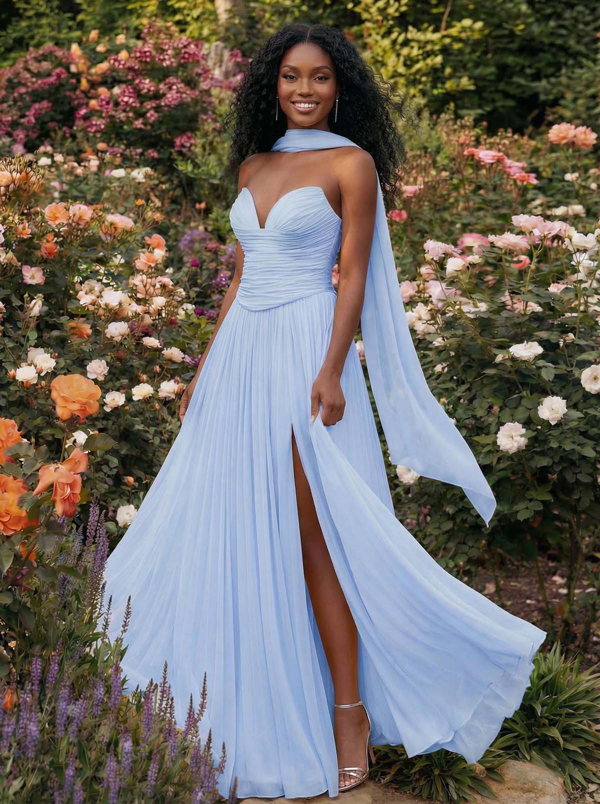 A-Line Strapless Sweep Train Chiffon Bridesmaid Dresses With Pleated/High Split, product image 35