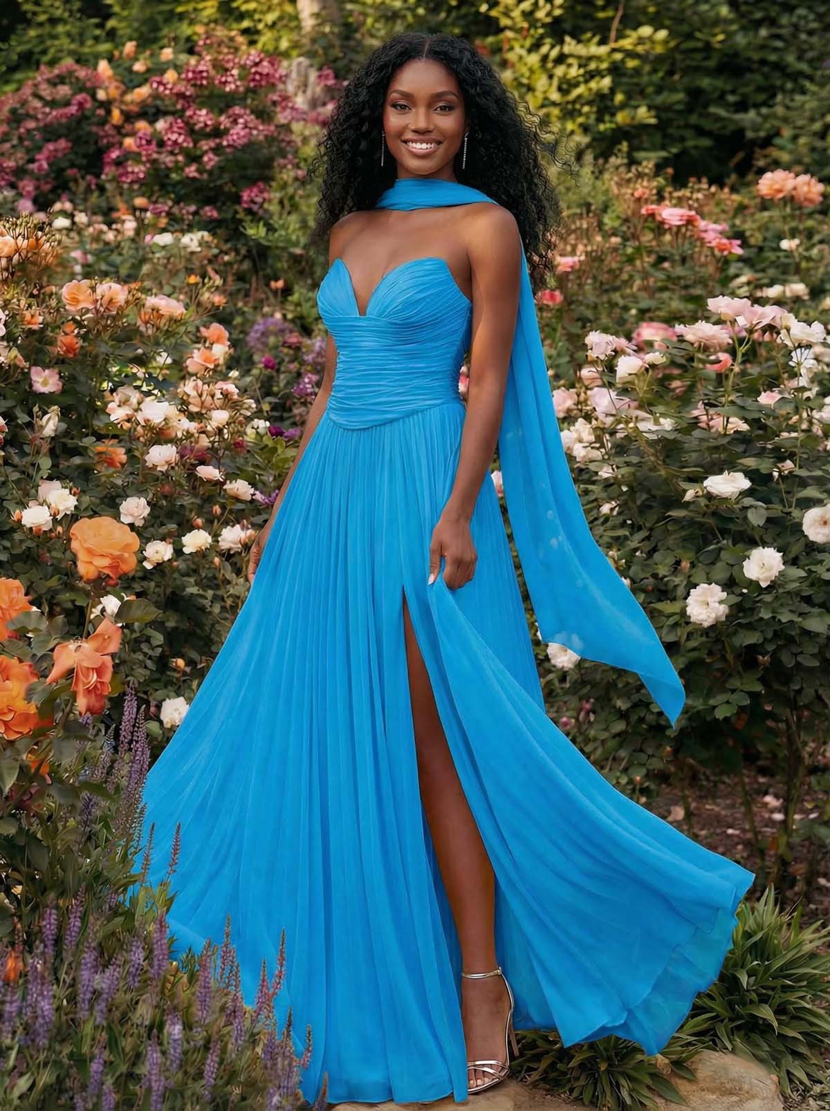 A-Line Strapless Sweep Train Chiffon Bridesmaid Dresses With Pleated/High Split, product image 11