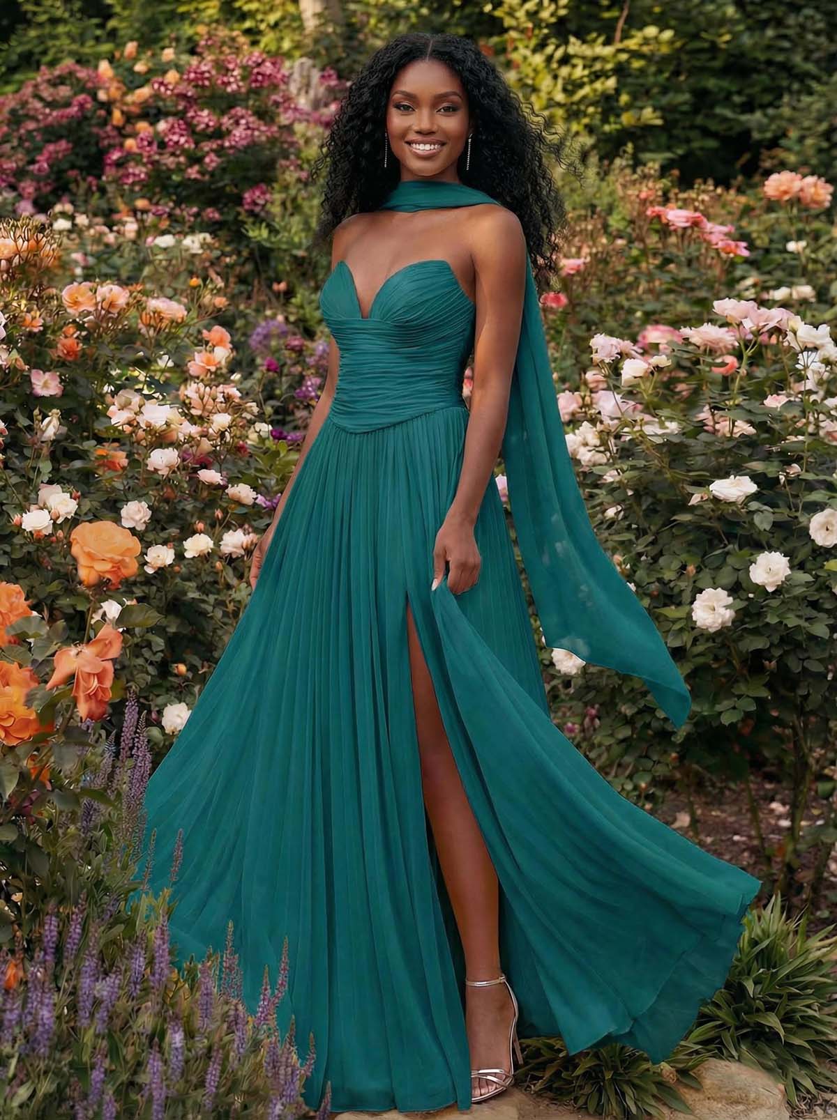 A-Line Strapless Sweep Train Chiffon Bridesmaid Dresses With Pleated/High Split, product image 45