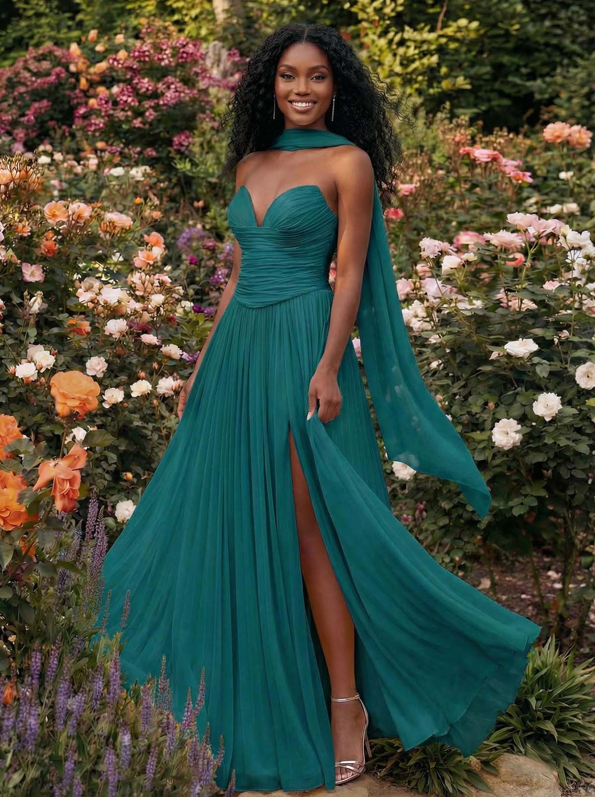 A-Line Strapless Sweep Train Chiffon Bridesmaid Dresses With Pleated/High Split, product image 45