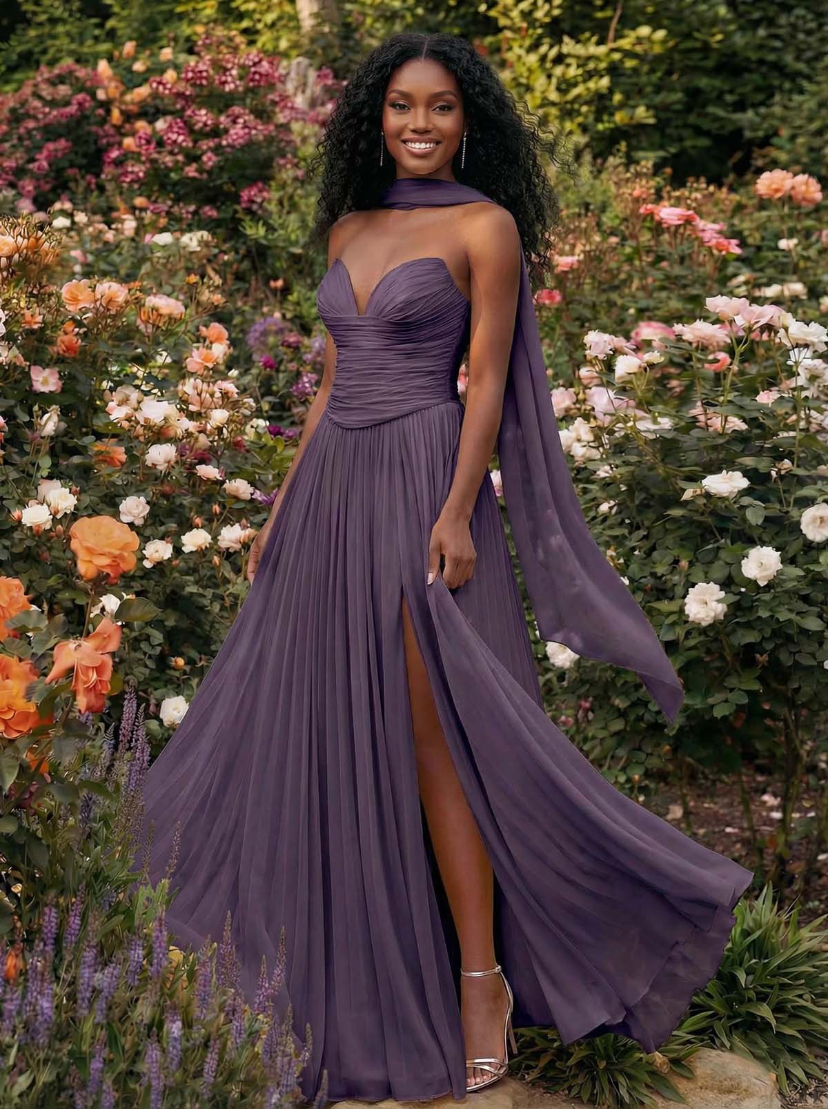 A-Line Strapless Sweep Train Chiffon Bridesmaid Dresses With Pleated/High Split, product image 37