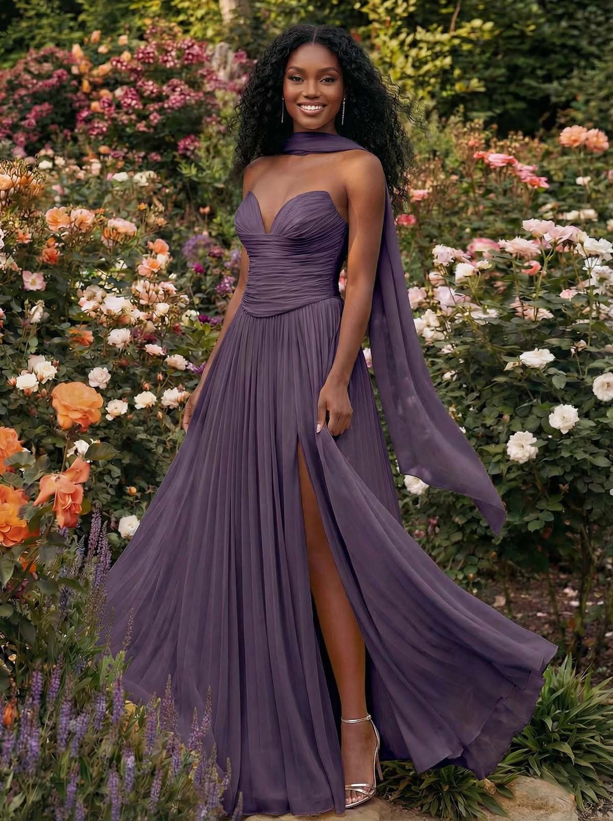 A-Line Strapless Sweep Train Chiffon Bridesmaid Dresses With Pleated/High Split, product image 37