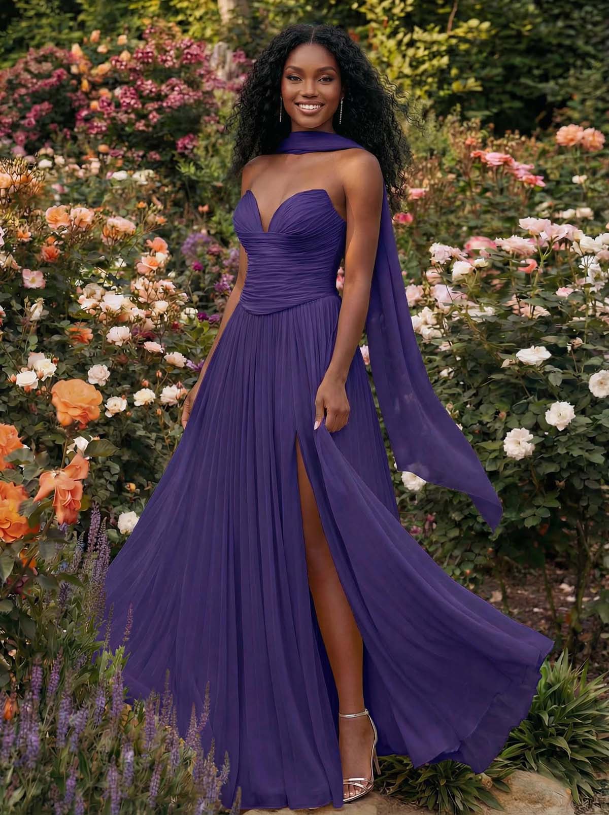 A-Line Strapless Sweep Train Chiffon Bridesmaid Dresses With Pleated/High Split, product image 42