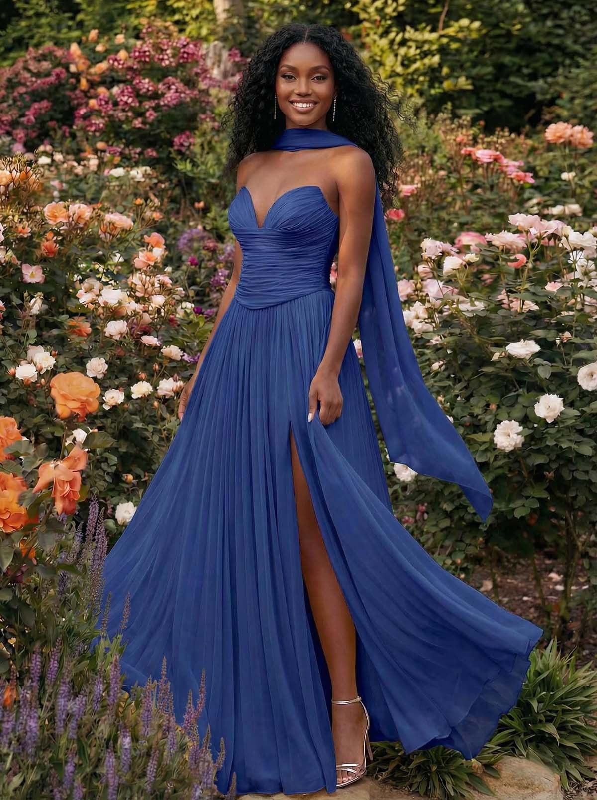 A-Line Strapless Sweep Train Chiffon Bridesmaid Dresses With Pleated/High Split, product image 10