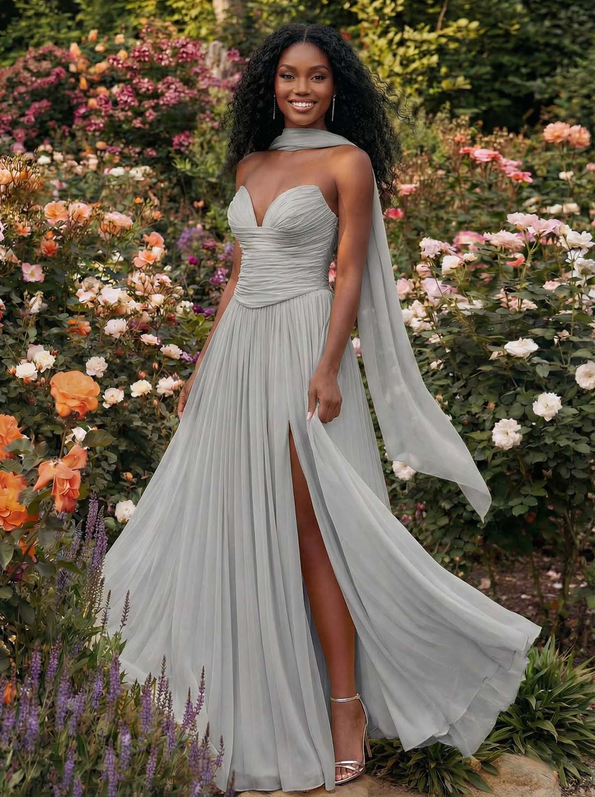 A-Line Strapless Sweep Train Chiffon Bridesmaid Dresses With Pleated/High Split, product image 59