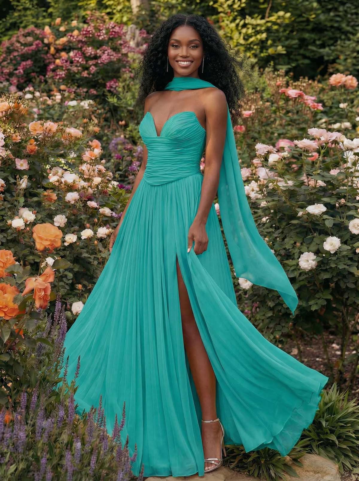 A-Line Strapless Sweep Train Chiffon Bridesmaid Dresses With Pleated/High Split, product image 70