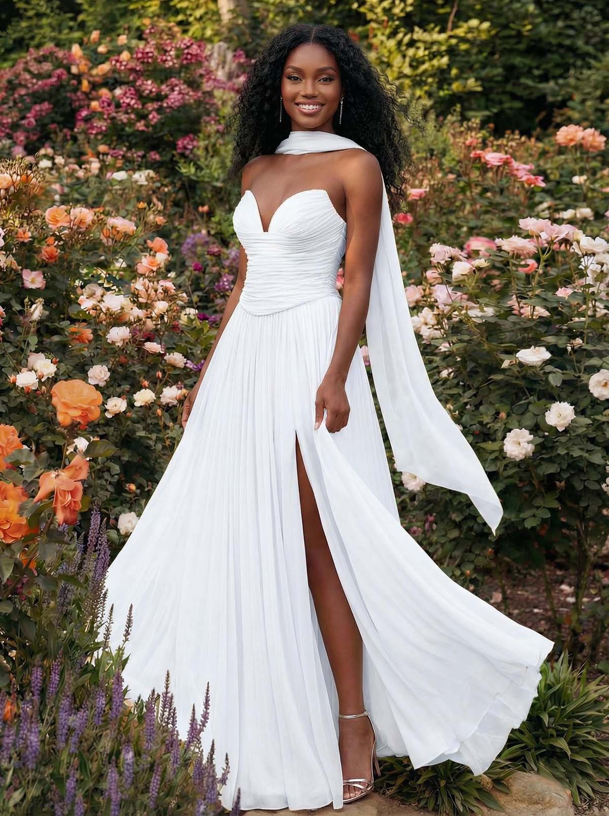 A-Line Strapless Sweep Train Chiffon Bridesmaid Dresses With Pleated/High Split, product image 58