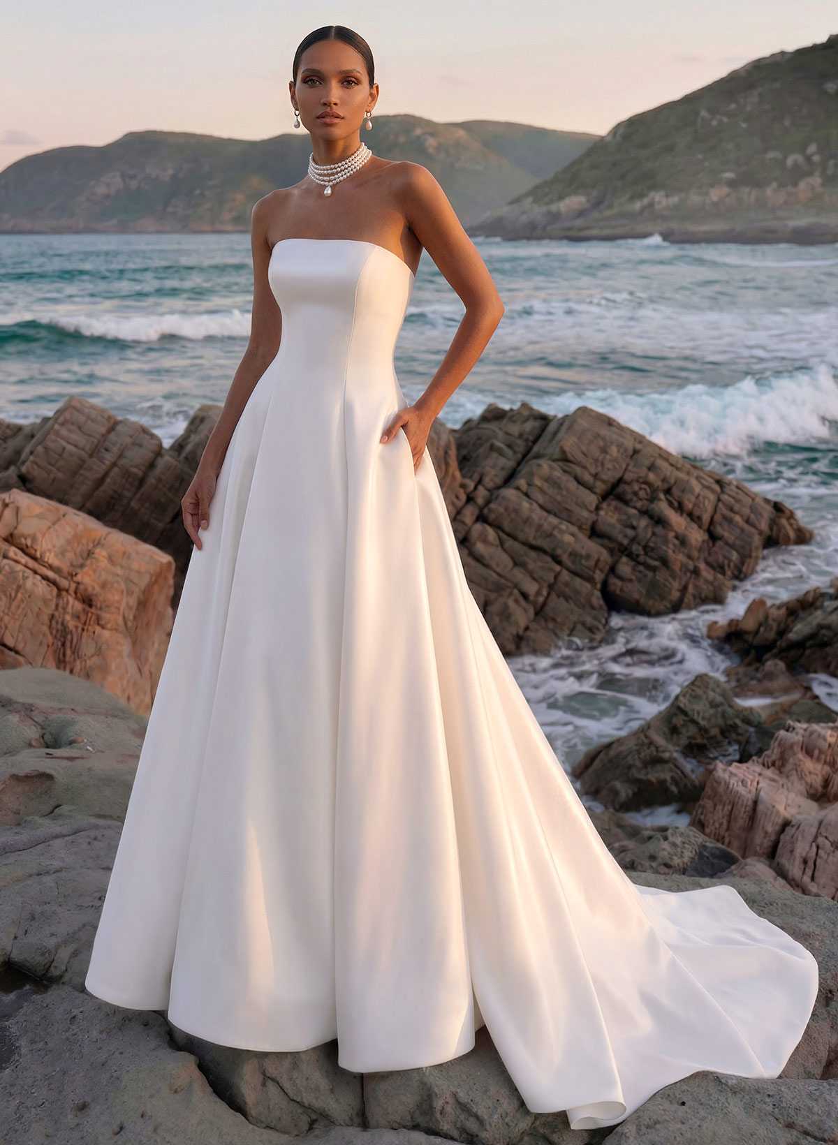 A-Line Strapless Sleeveless Court Train Twill Satin Wedding Dresses With Pockets, image 1
