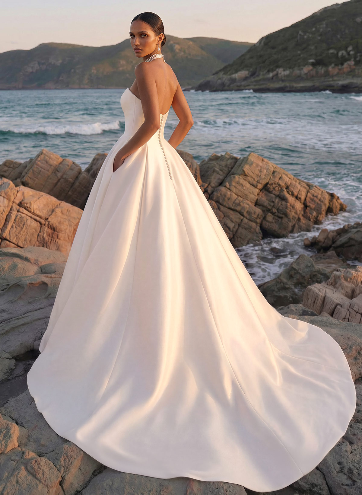 A-Line Strapless Sleeveless Court Train Twill Satin Wedding Dresses With Pockets, image 2