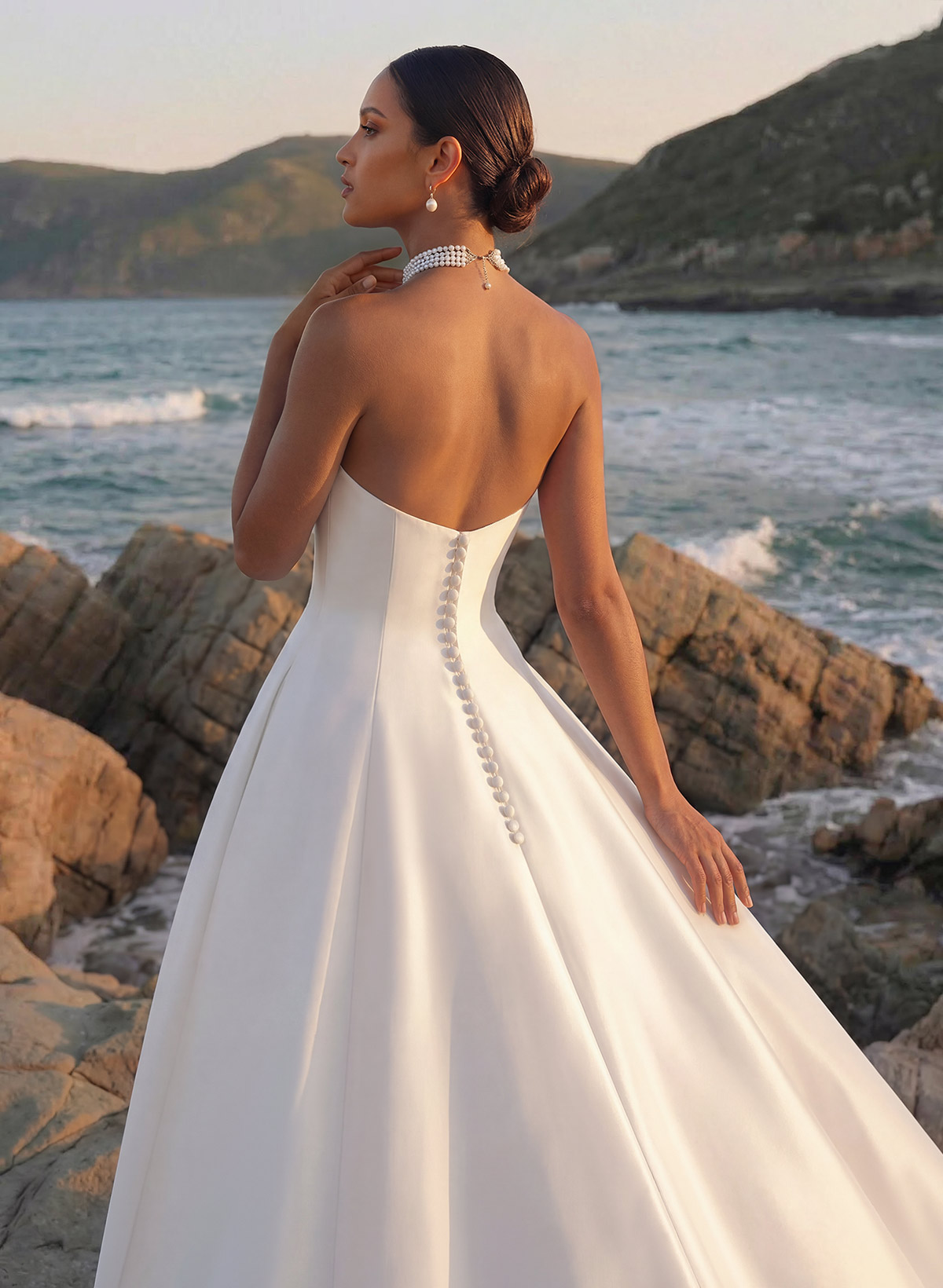 A-Line Strapless Sleeveless Court Train Twill Satin Wedding Dresses With Pockets, image 3