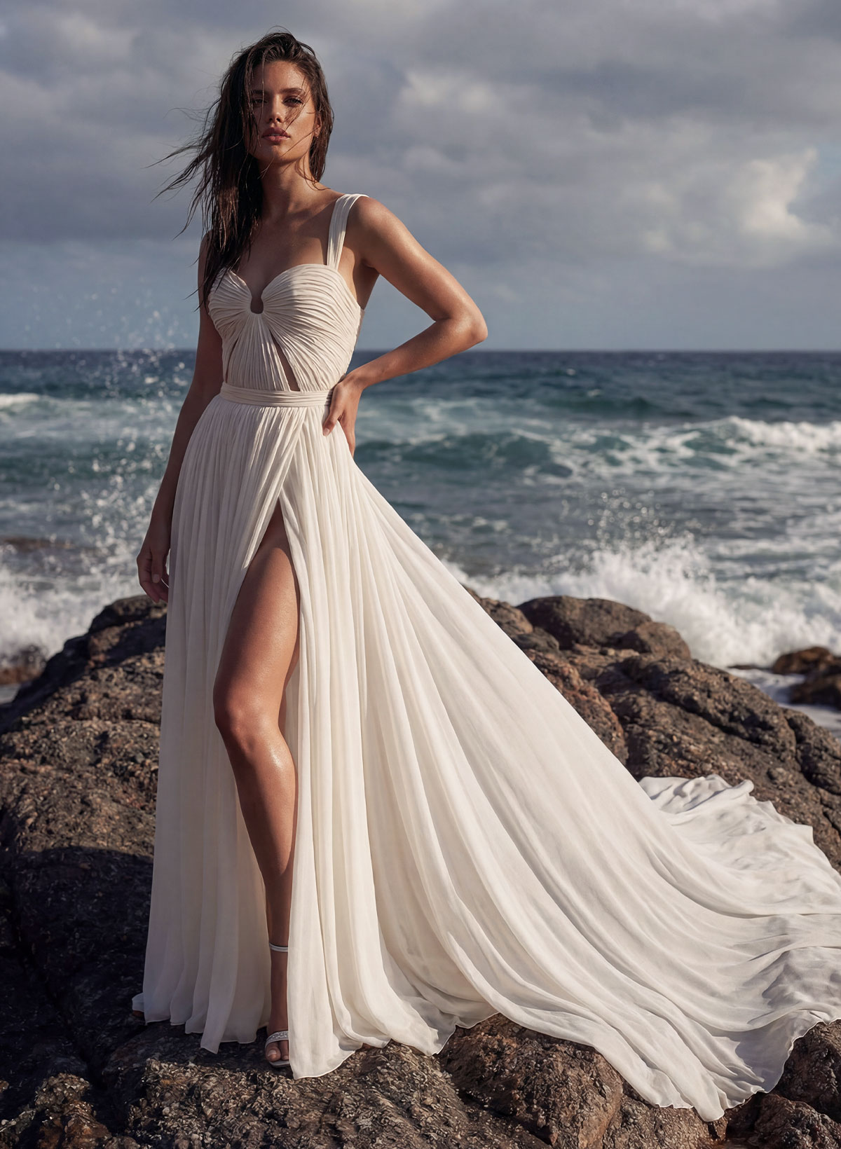 A-Line Chapel Train Chiffon Wedding Dresses With Split Front, image 3