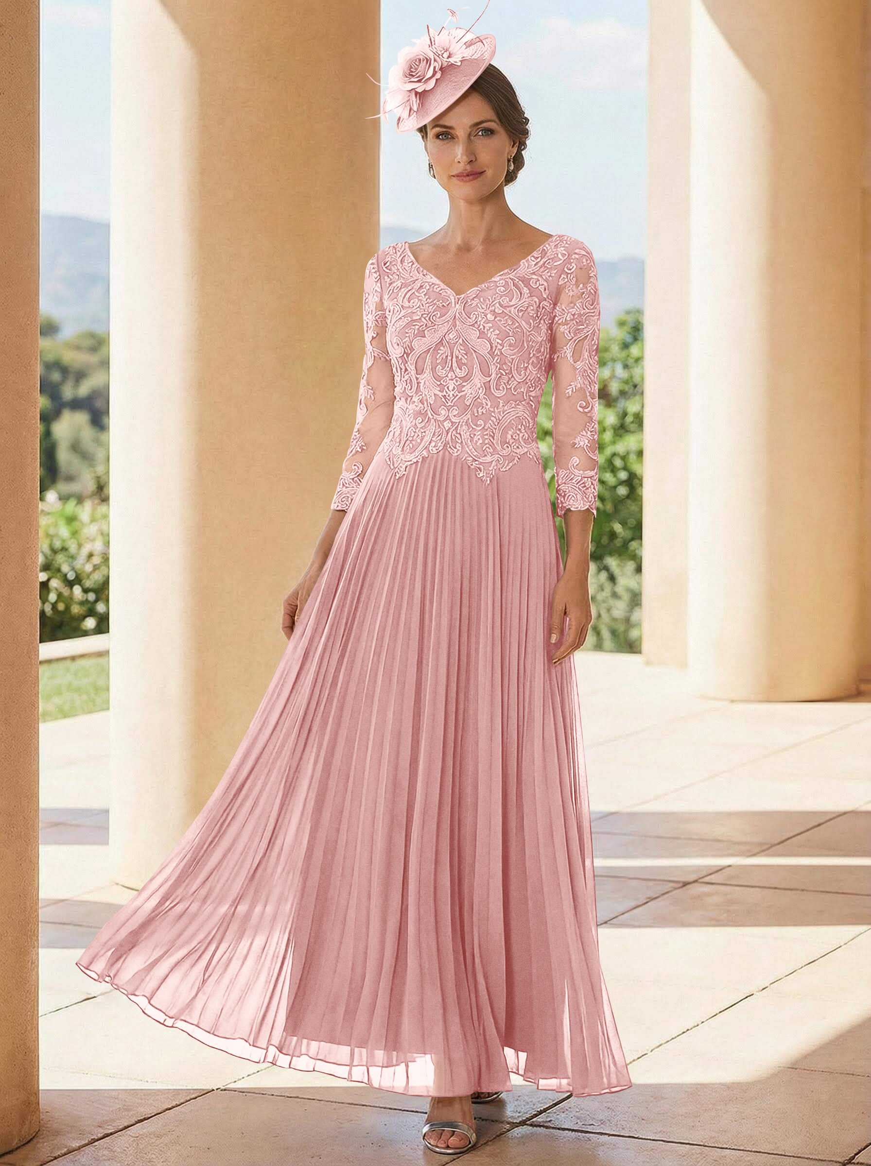 A-Line V-Neck 3/4 Sleeves Ankle-Length Chiffon Mother Of The Bride Dresses With Lace