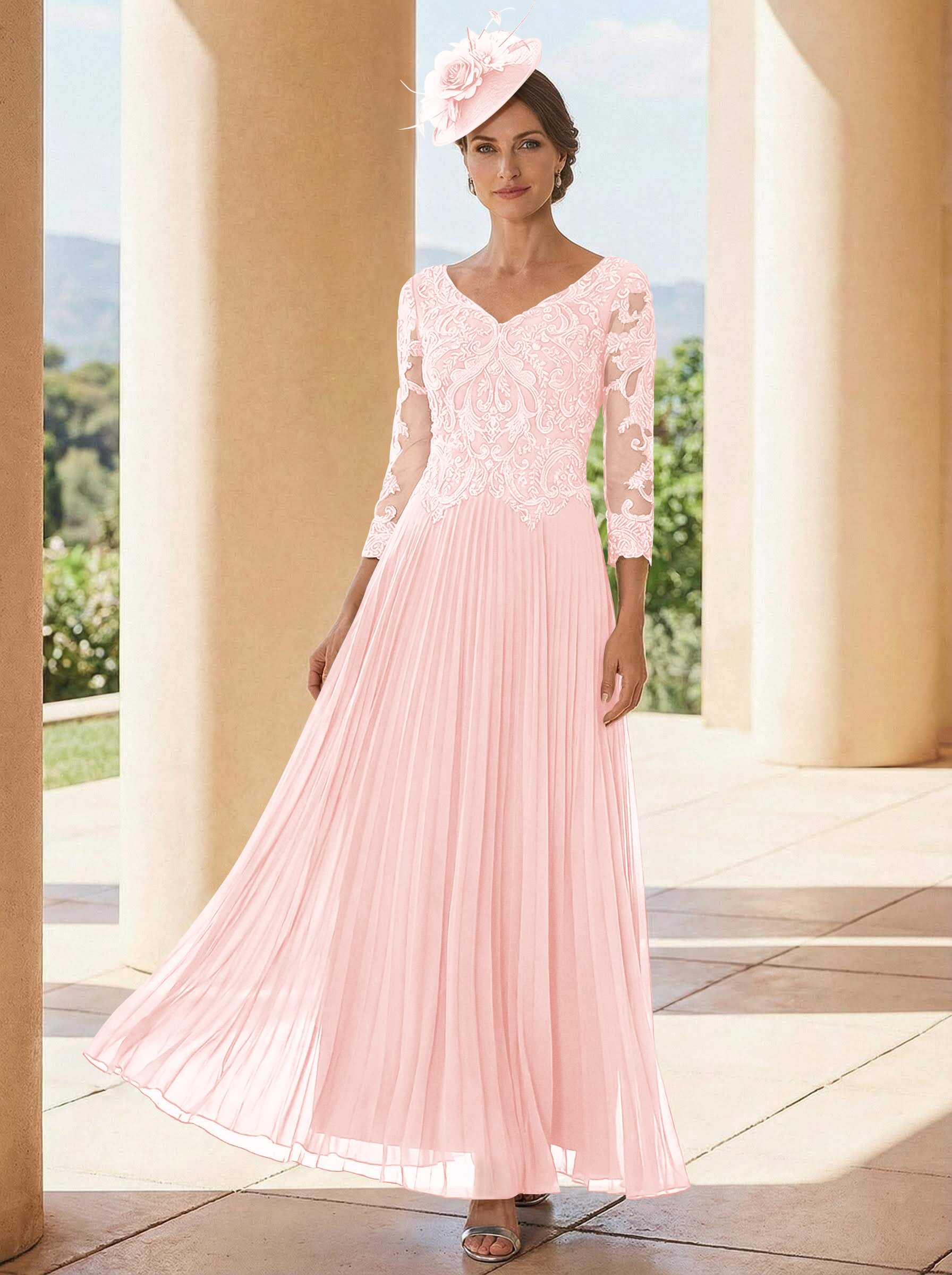 A-Line V-Neck 3/4 Sleeves Ankle-Length Chiffon Mother Of The Bride Dresses With Lace
