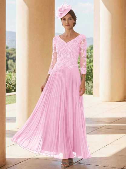 A-Line V-Neck 3/4 Sleeves Ankle-Length Chiffon Mother Of The Bride Dresses With Lace