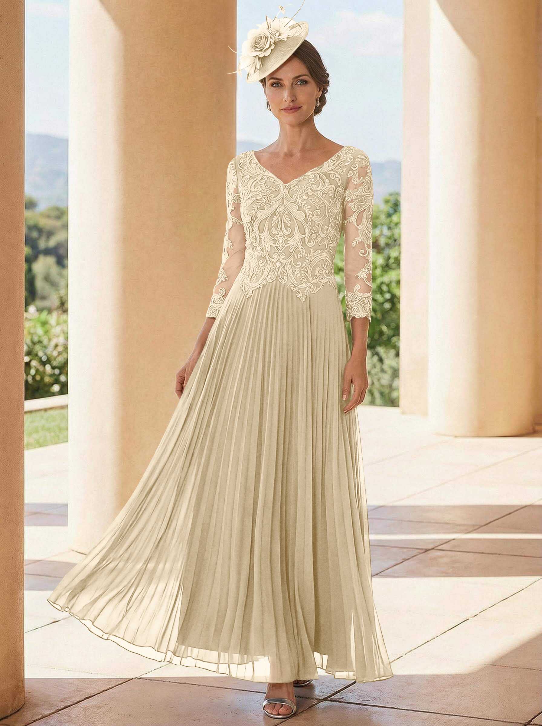 A-Line V-Neck 3/4 Sleeves Ankle-Length Chiffon Mother Of The Bride Dresses With Lace