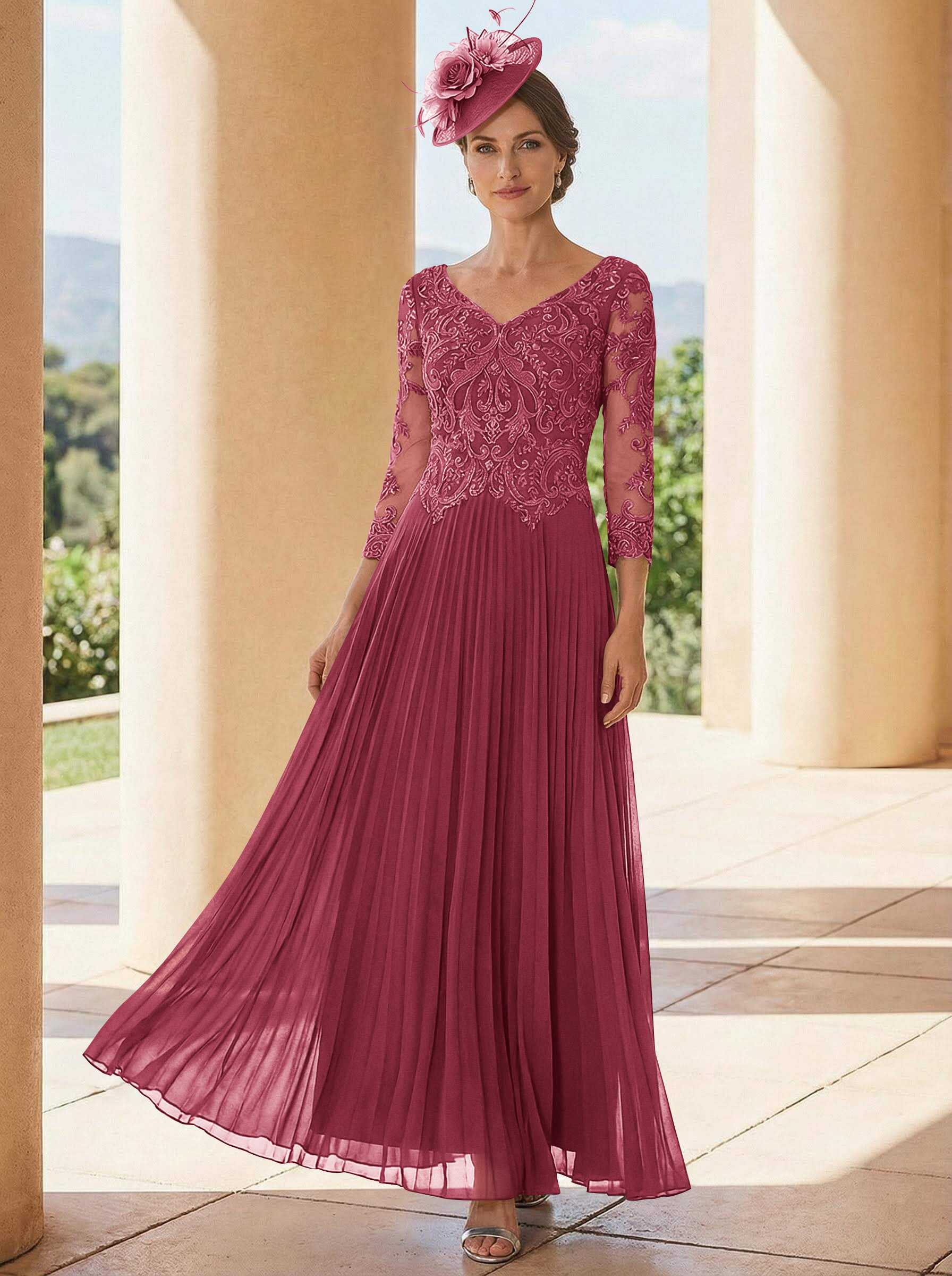 A-Line V-Neck 3/4 Sleeves Ankle-Length Chiffon Mother Of The Bride Dresses With Lace