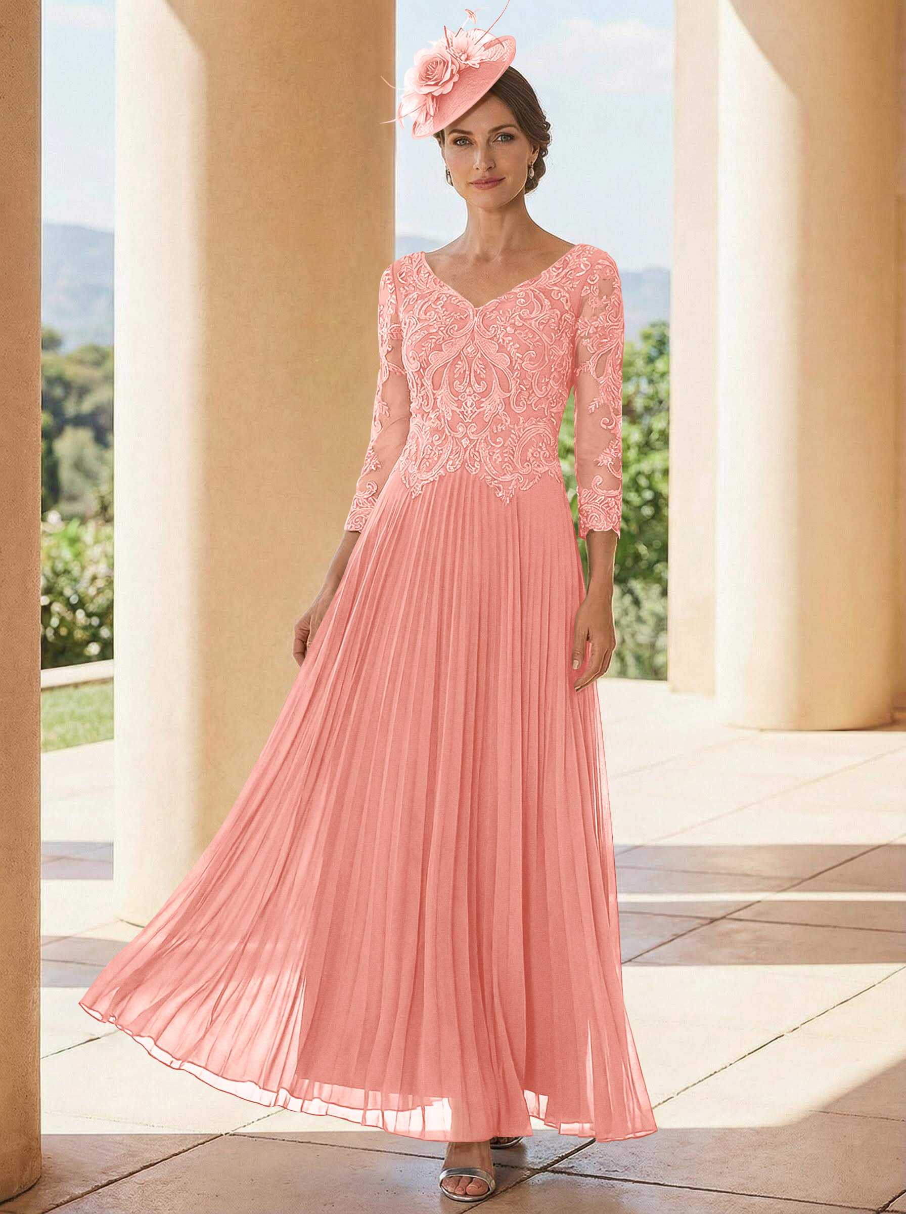 A-Line V-Neck 3/4 Sleeves Ankle-Length Chiffon Mother Of The Bride Dresses With Lace
