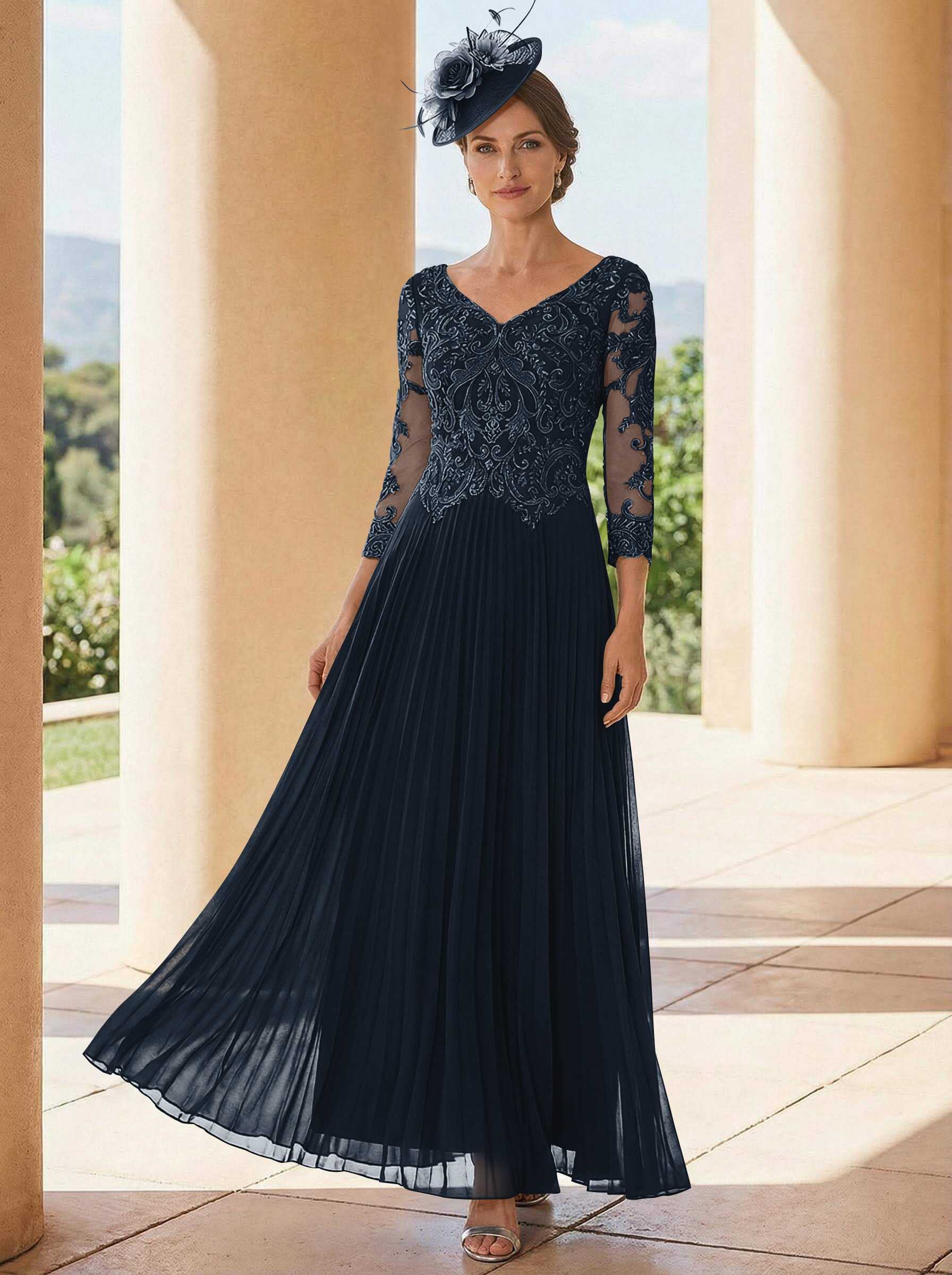 A-Line V-Neck 3/4 Sleeves Ankle-Length Chiffon Mother Of The Bride Dresses With Lace
