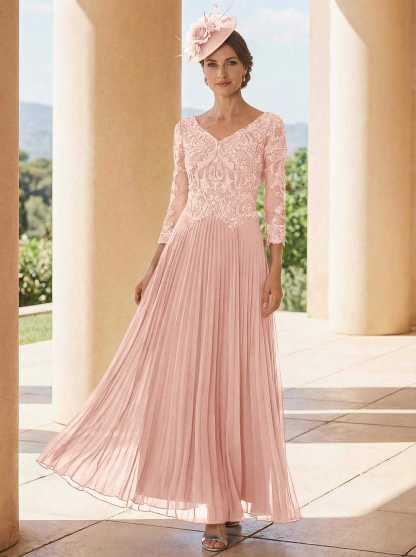 A-Line V-Neck 3/4 Sleeves Ankle-Length Chiffon Mother Of The Bride Dresses With Lace