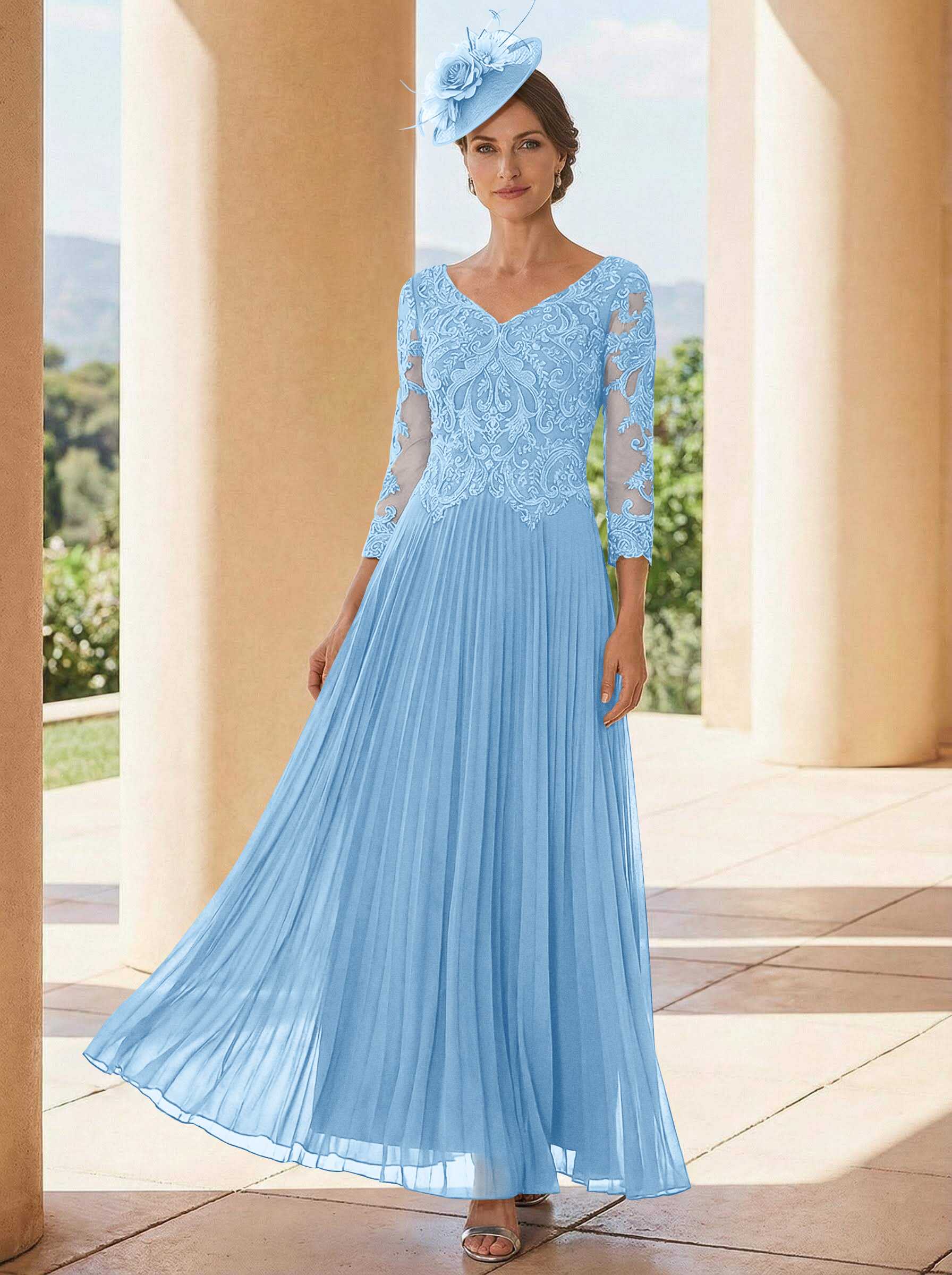 A-Line V-Neck 3/4 Sleeves Ankle-Length Chiffon Mother Of The Bride Dresses With Lace