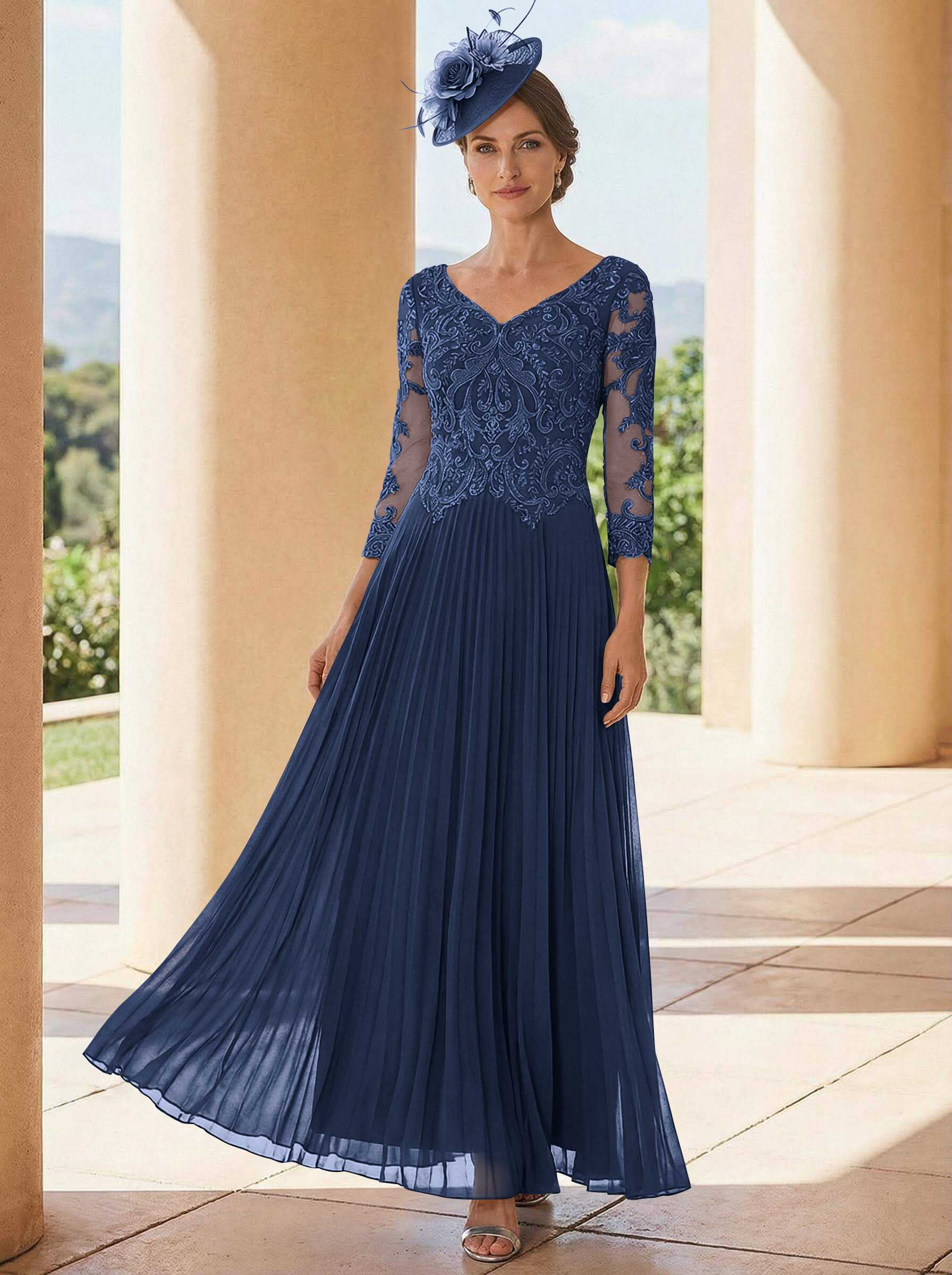 A-Line V-Neck 3/4 Sleeves Ankle-Length Chiffon Mother Of The Bride Dresses With Lace