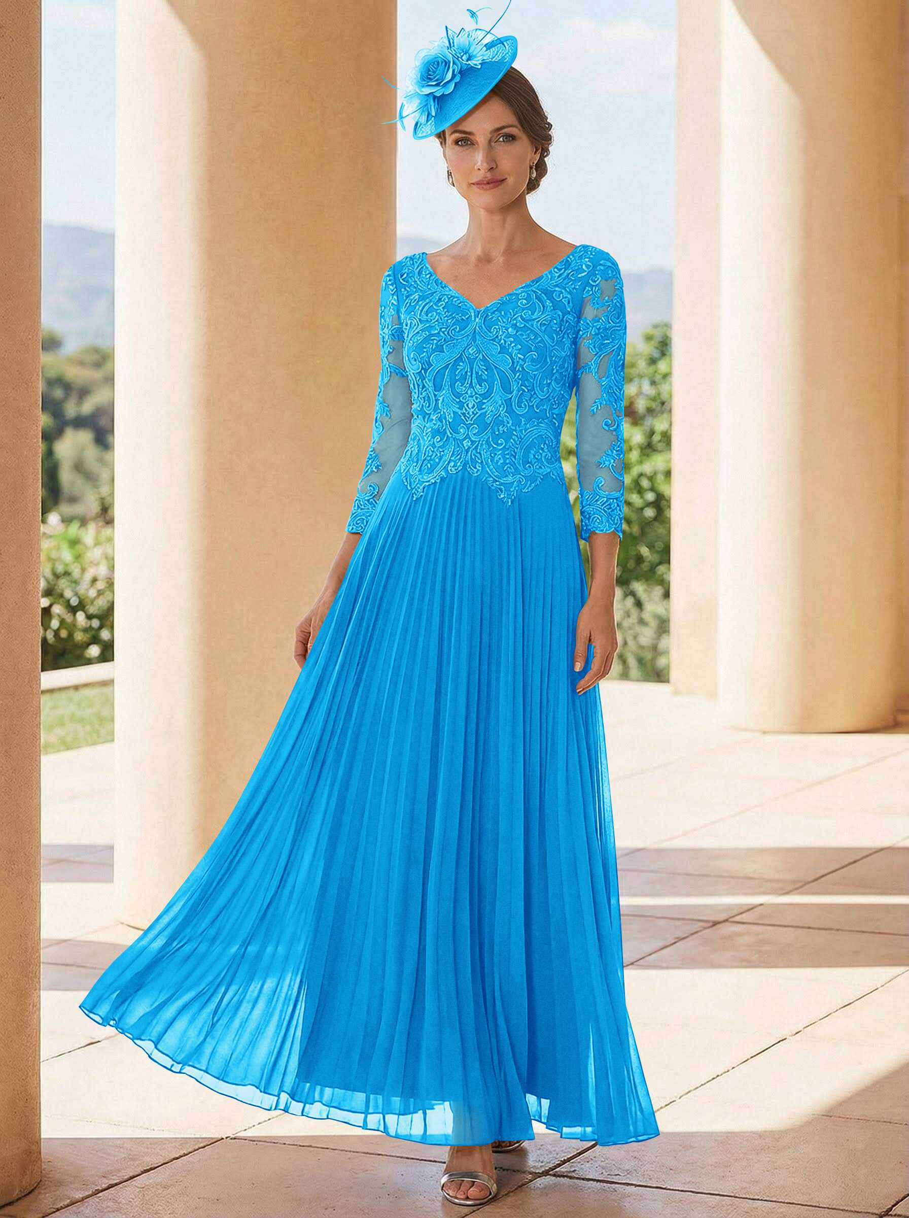 A-Line V-Neck 3/4 Sleeves Ankle-Length Chiffon Mother Of The Bride Dresses With Lace