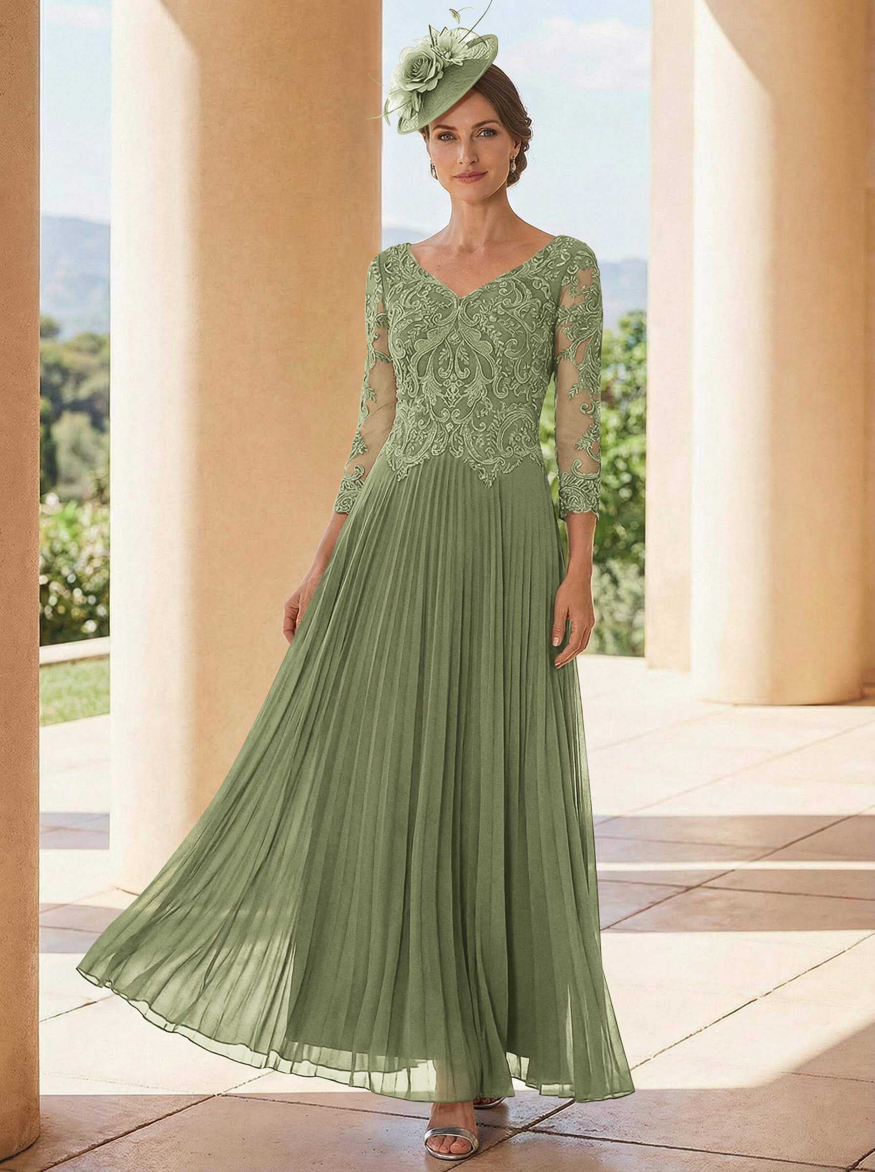 A-Line V-Neck 3/4 Sleeves Ankle-Length Chiffon Mother Of The Bride Dresses With Lace