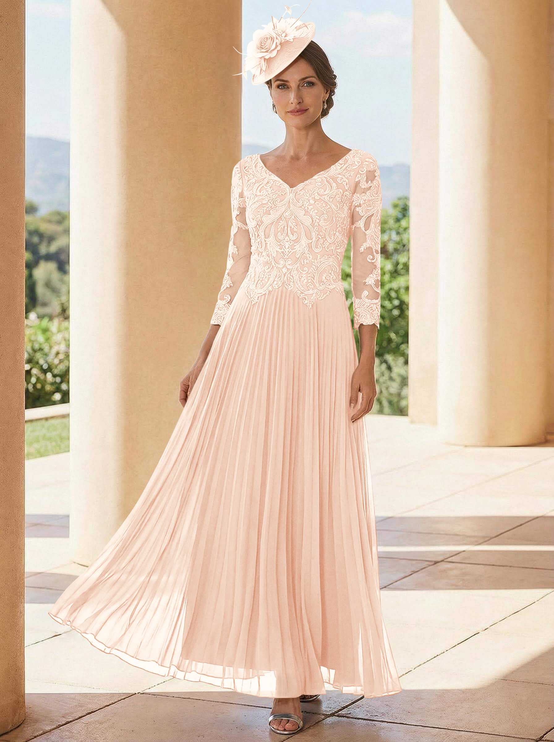 A-Line V-Neck 3/4 Sleeves Ankle-Length Chiffon Mother Of The Bride Dresses With Lace