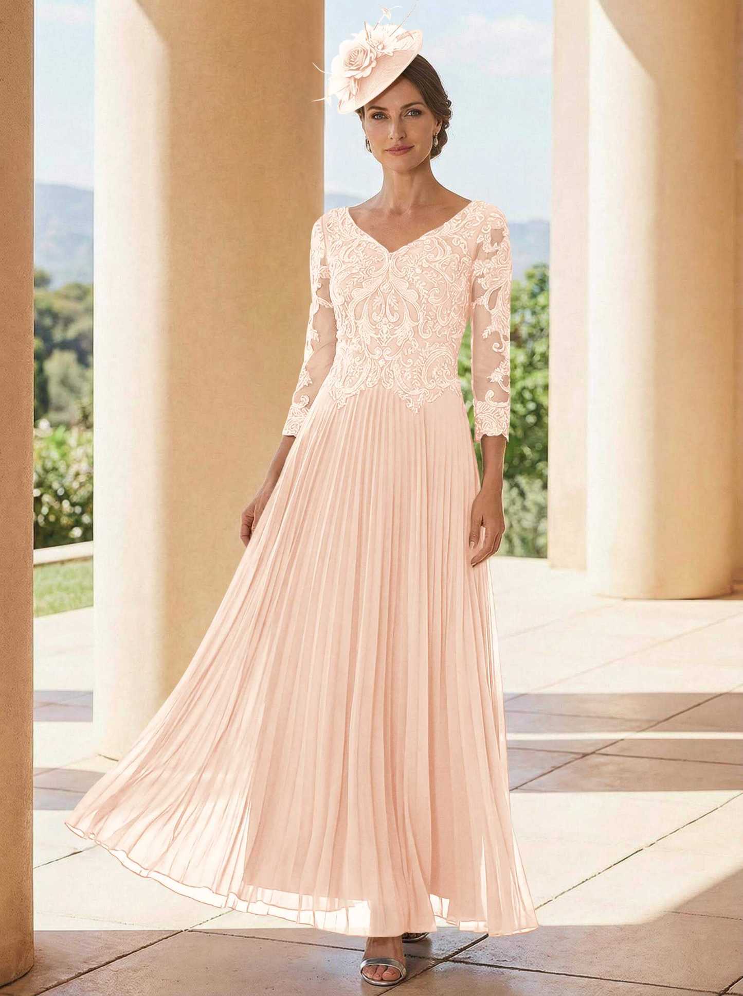 A-Line V-Neck 3/4 Sleeves Ankle-Length Chiffon Mother Of The Bride Dresses With Lace