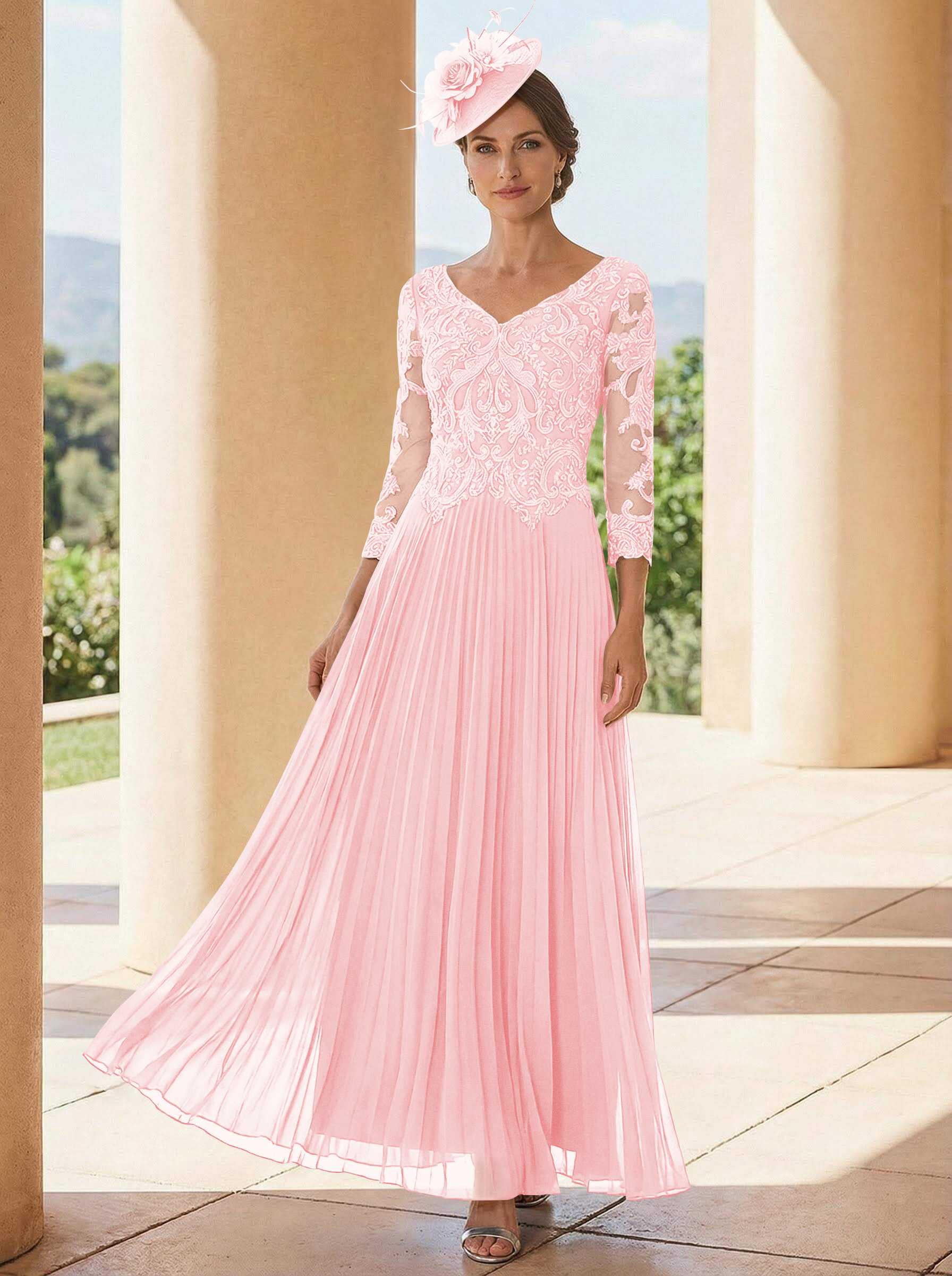 A-Line V-Neck 3/4 Sleeves Ankle-Length Chiffon Mother Of The Bride Dresses With Lace