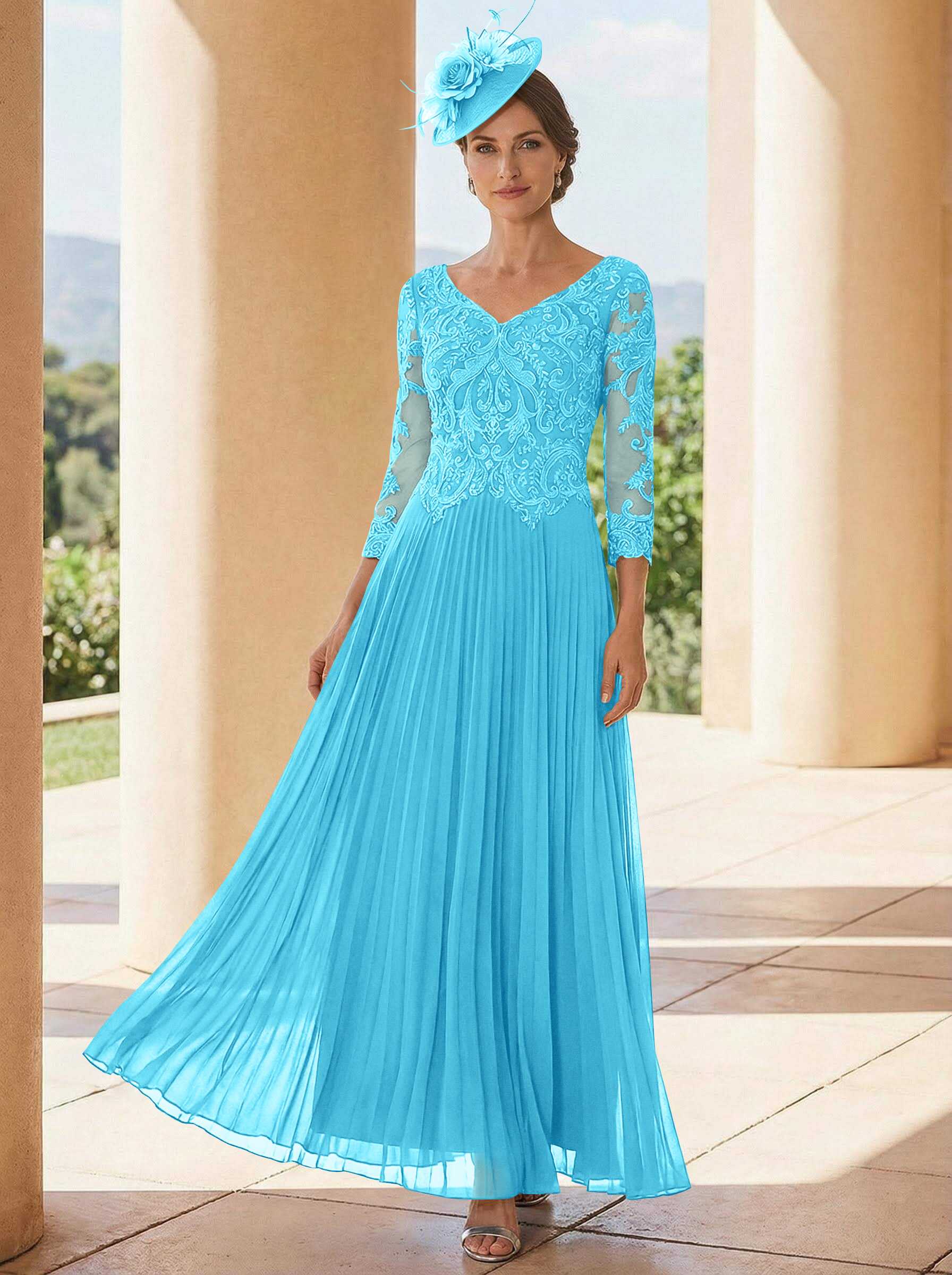 A-Line V-Neck 3/4 Sleeves Ankle-Length Chiffon Mother Of The Bride Dresses With Lace