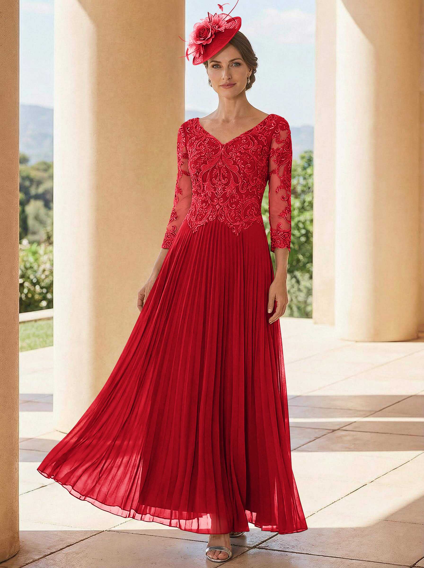 A-Line V-Neck 3/4 Sleeves Ankle-Length Chiffon Mother Of The Bride Dresses With Lace