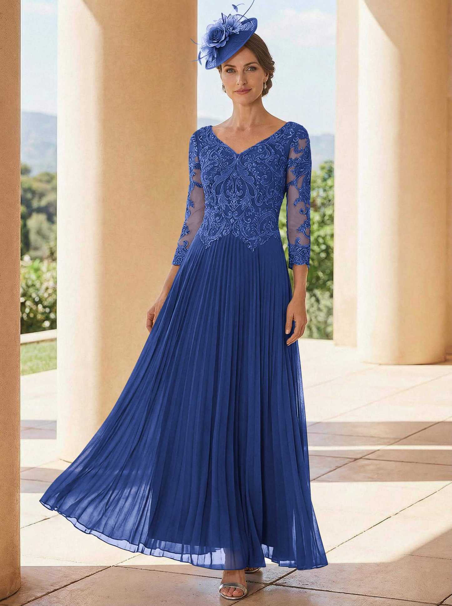 A-Line V-Neck 3/4 Sleeves Ankle-Length Chiffon Mother Of The Bride Dresses With Lace