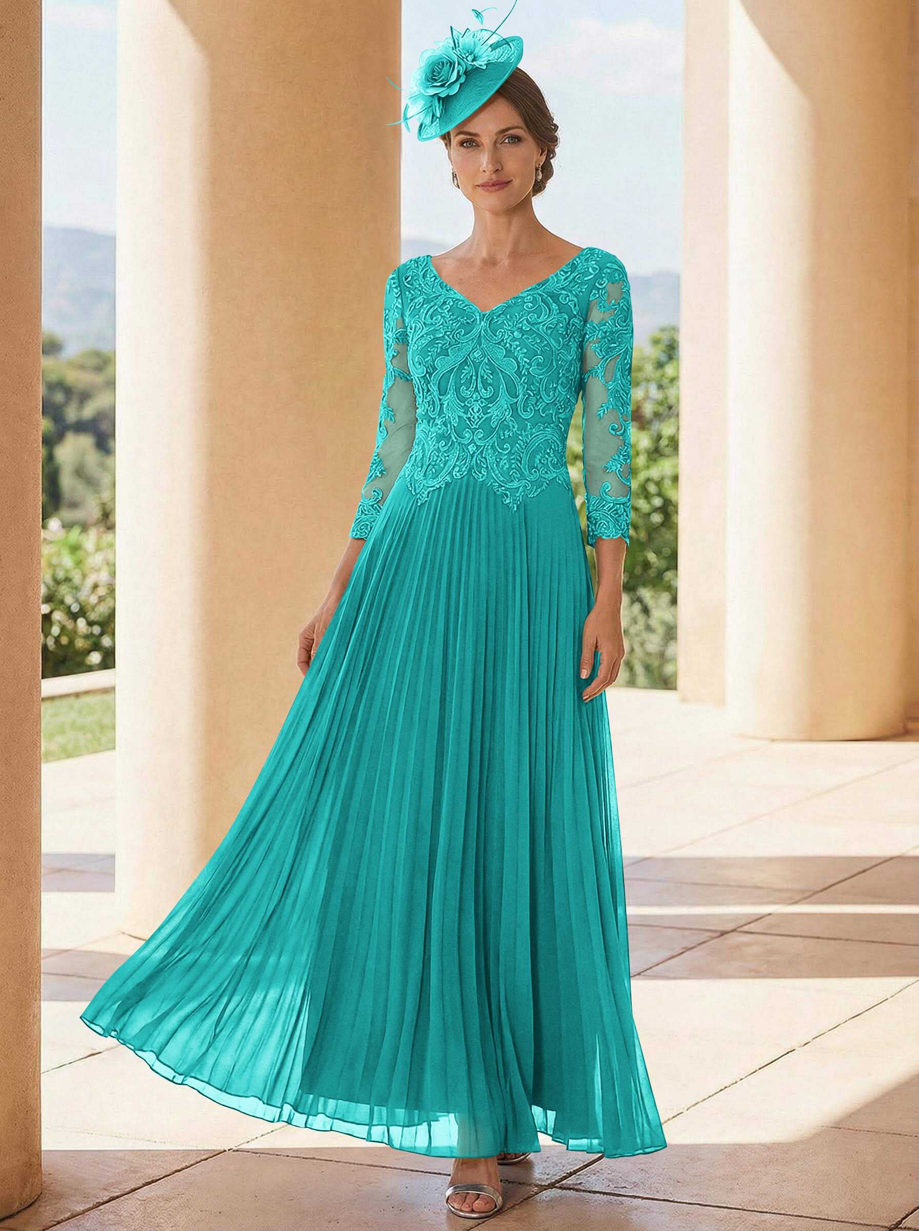 A-Line V-Neck 3/4 Sleeves Ankle-Length Chiffon Mother Of The Bride Dresses With Lace