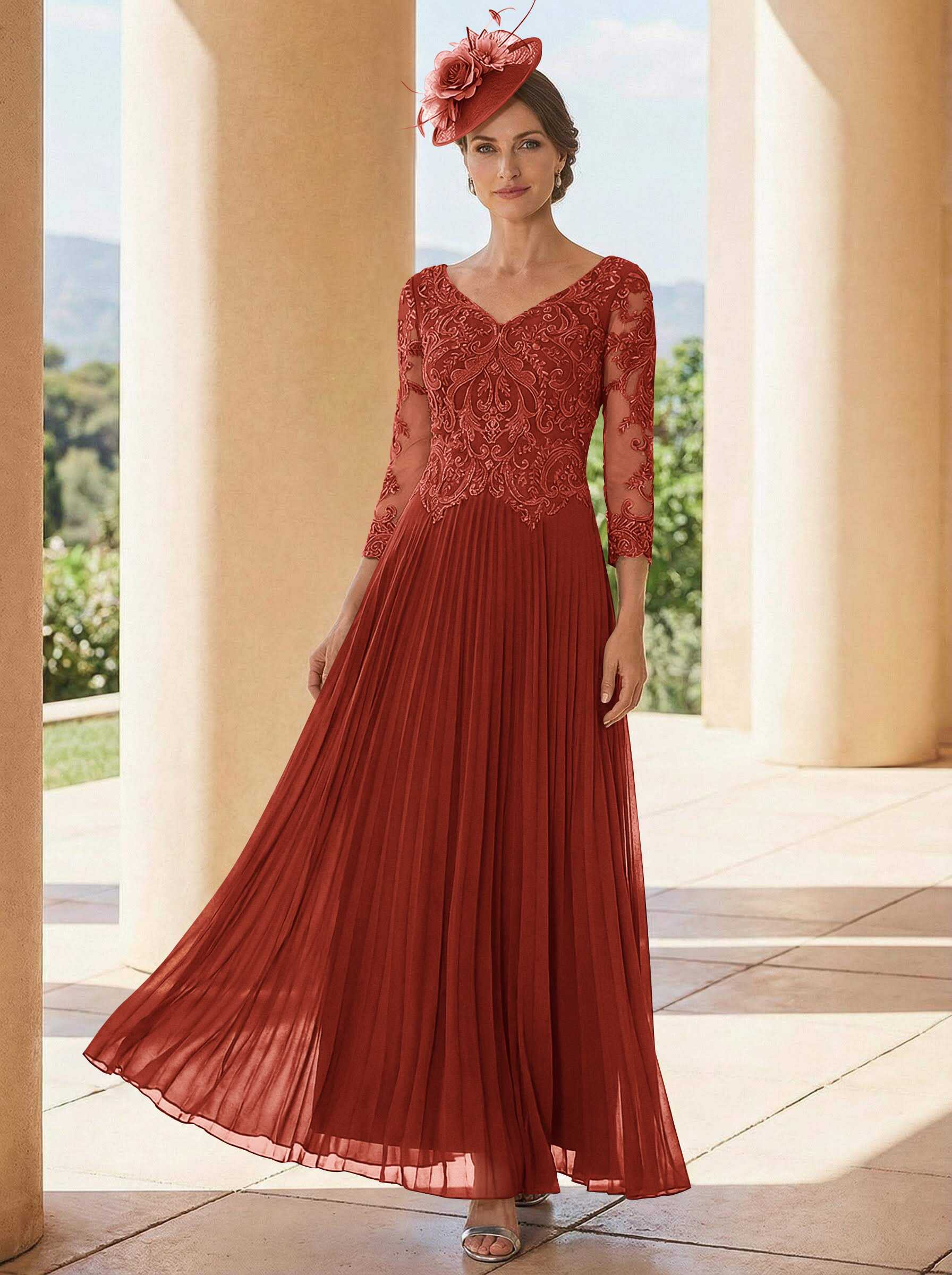 A-Line V-Neck 3/4 Sleeves Ankle-Length Chiffon Mother Of The Bride Dresses With Lace
