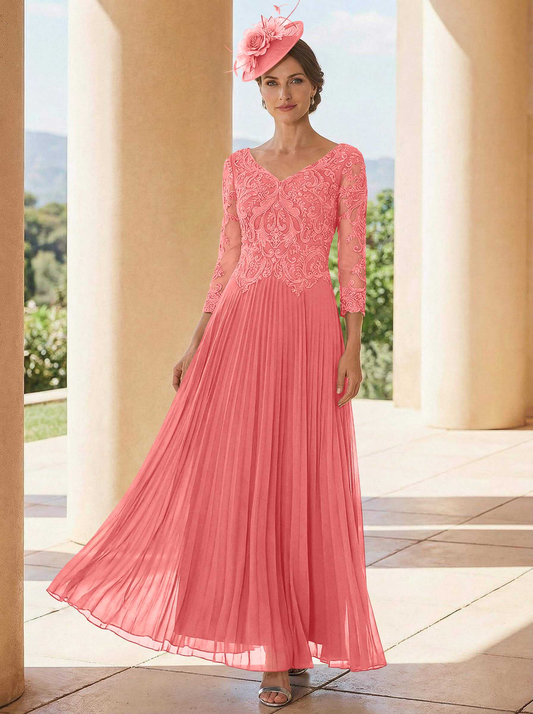 A-Line V-Neck 3/4 Sleeves Ankle-Length Chiffon Mother Of The Bride Dresses With Lace