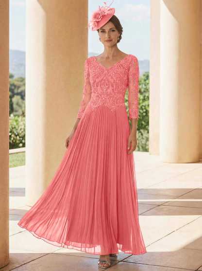 A-Line V-Neck 3/4 Sleeves Ankle-Length Chiffon Mother Of The Bride Dresses With Lace