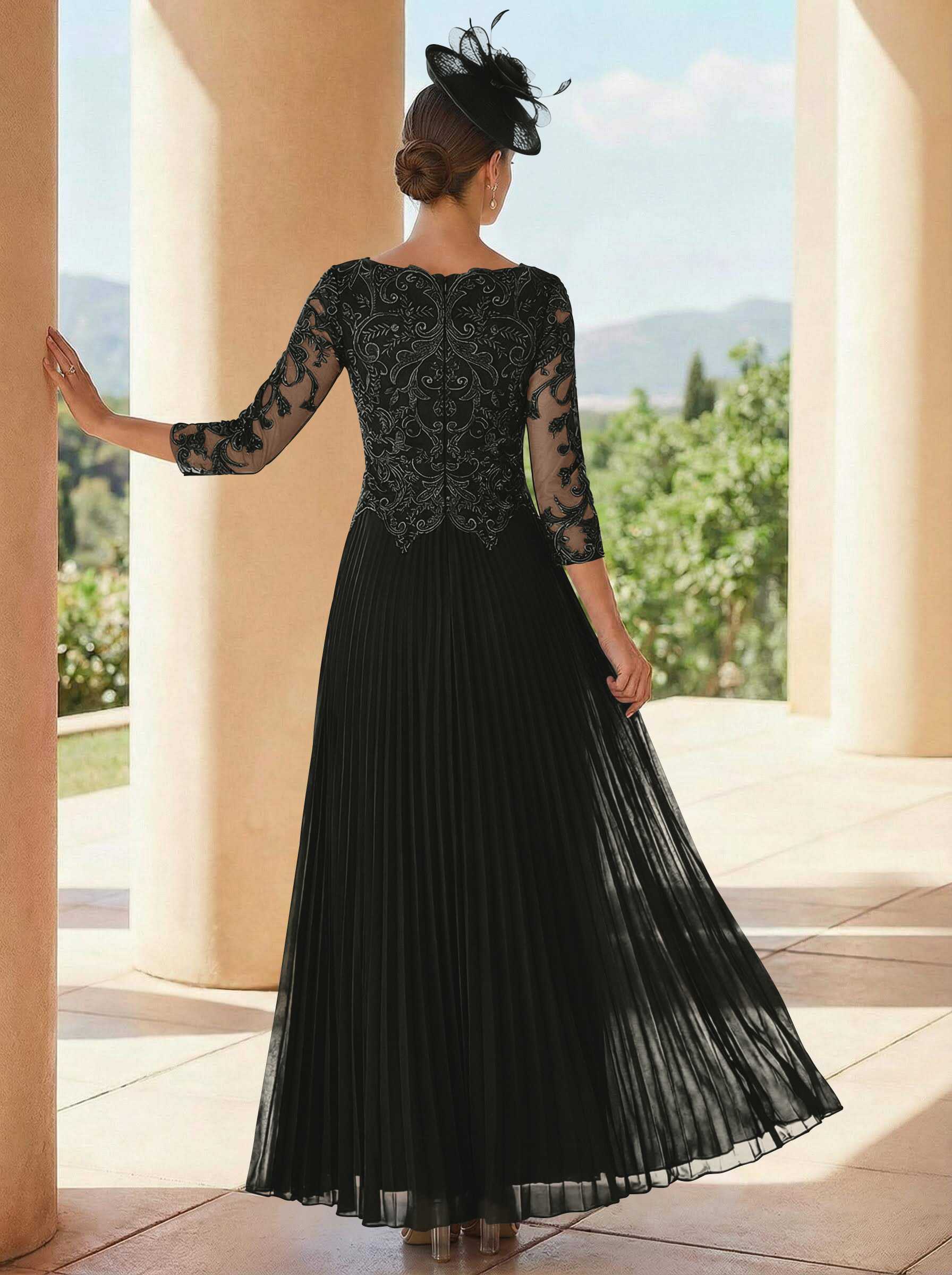 A-Line V-Neck 3/4 Sleeves Ankle-Length Chiffon Mother Of The Bride Dresses With Lace