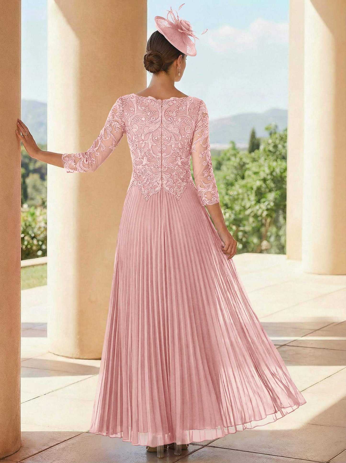 A-Line V-Neck 3/4 Sleeves Ankle-Length Chiffon Mother Of The Bride Dresses With Lace