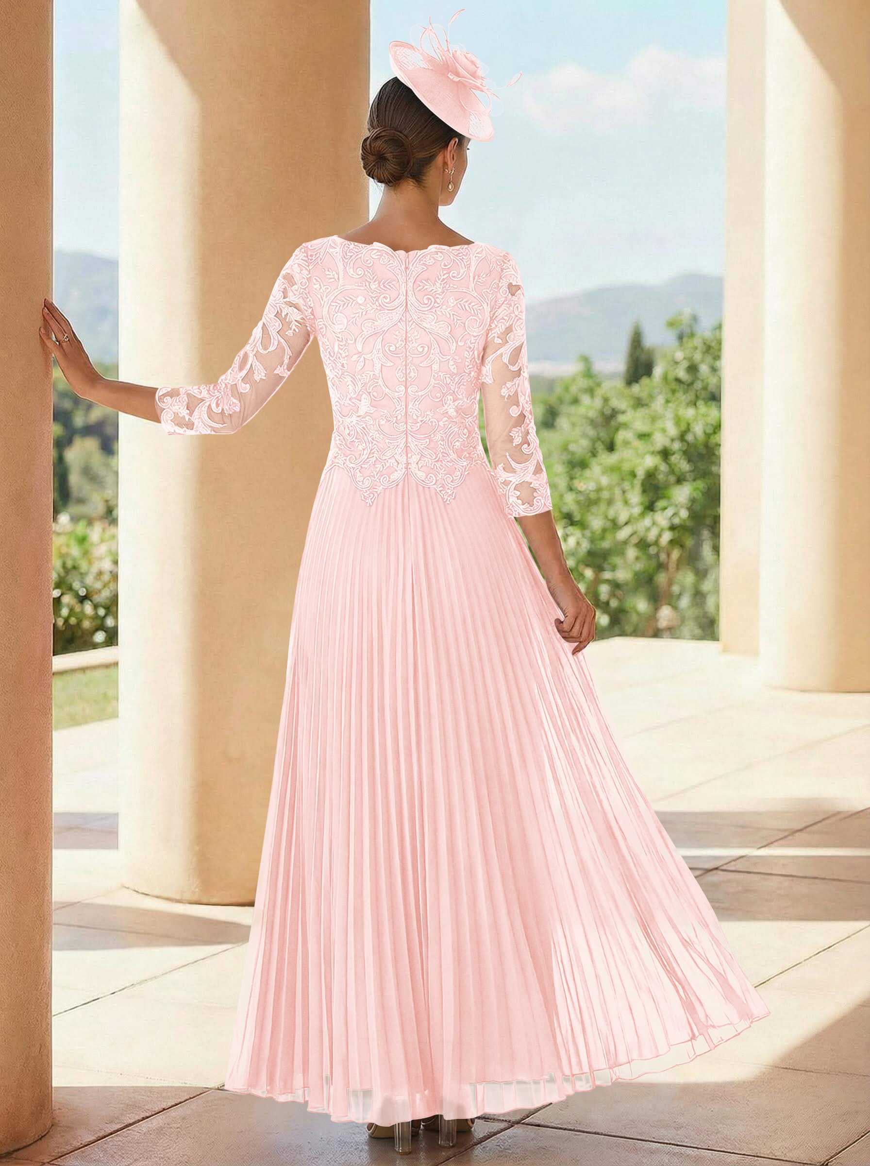A-Line V-Neck 3/4 Sleeves Ankle-Length Chiffon Mother Of The Bride Dresses With Lace