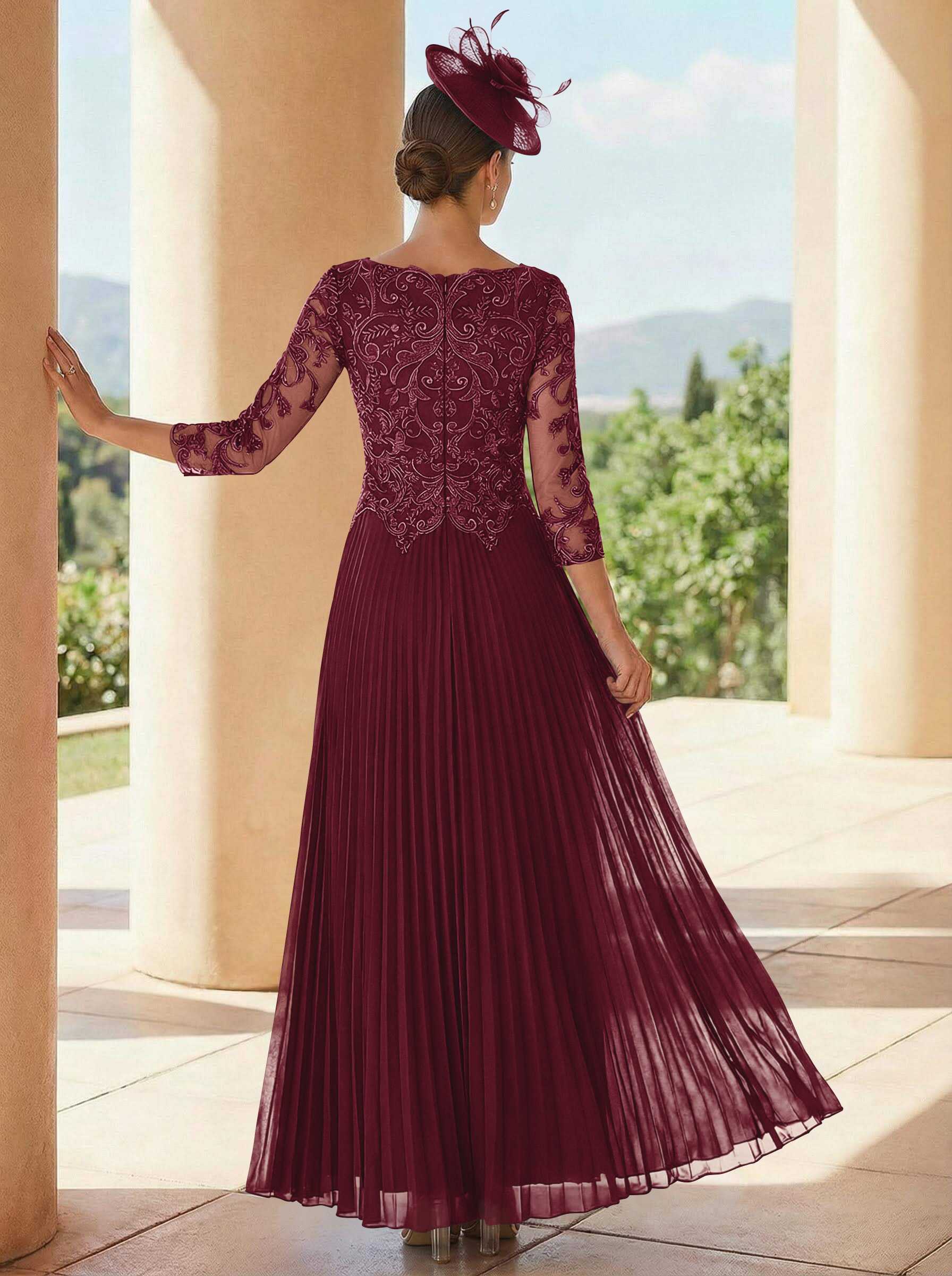 A-Line V-Neck 3/4 Sleeves Ankle-Length Chiffon Mother Of The Bride Dresses With Lace