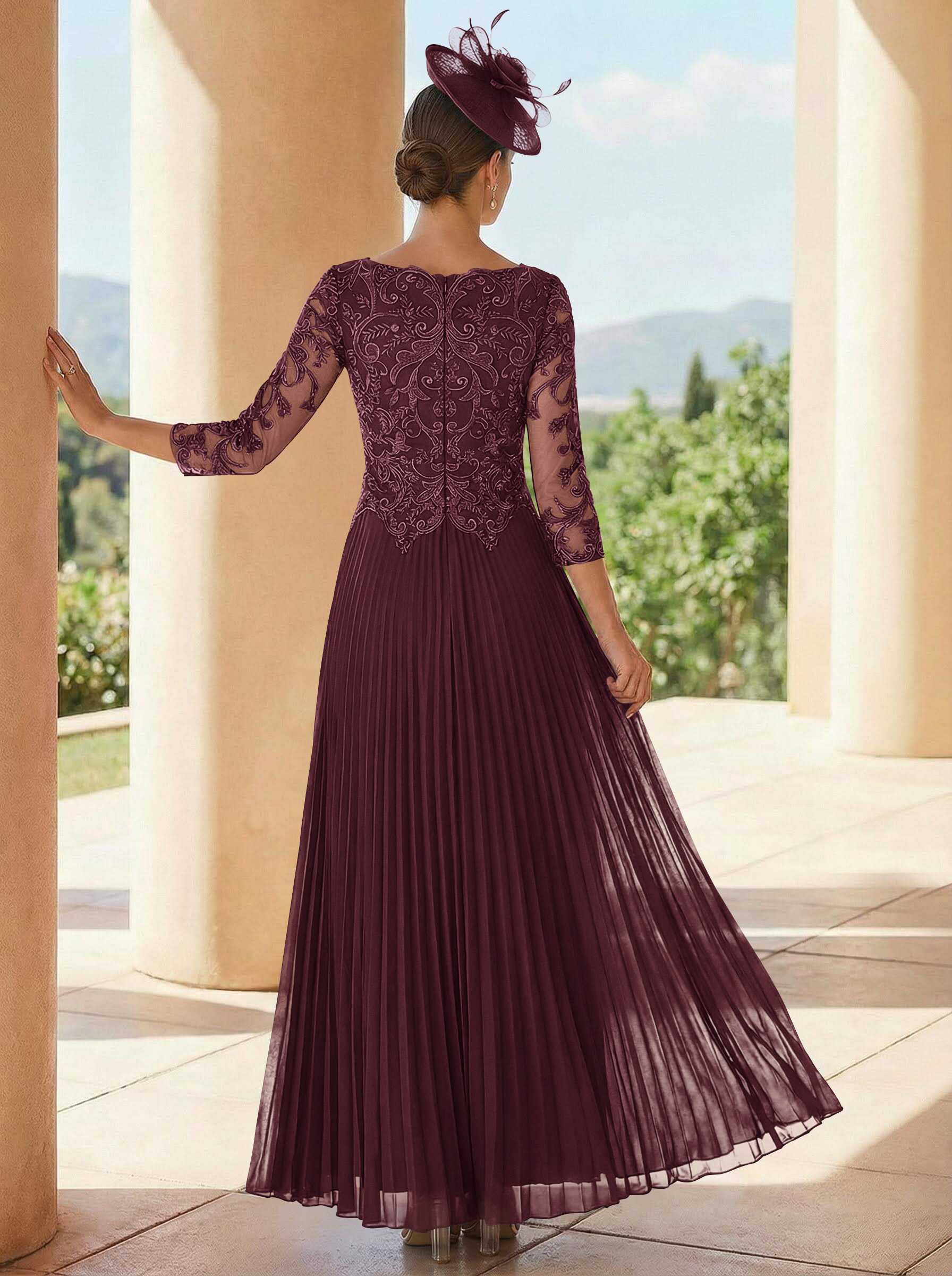 A-Line V-Neck 3/4 Sleeves Ankle-Length Chiffon Mother Of The Bride Dresses With Lace