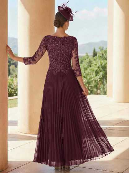 A-Line V-Neck 3/4 Sleeves Ankle-Length Chiffon Mother Of The Bride Dresses With Lace